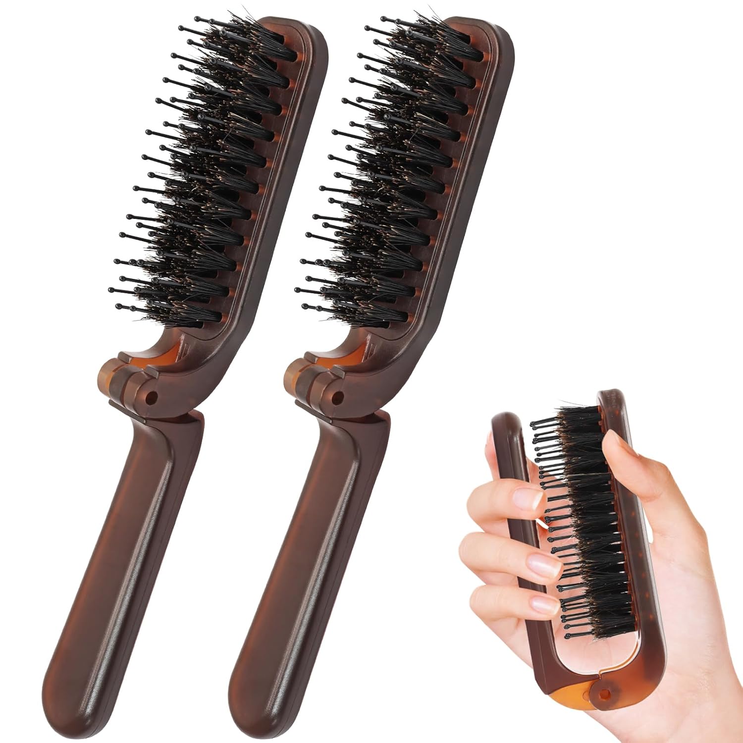 Biaungdo 2 Pack Foldable Hair Brush, Boar Bristle Hair Brush for Women & Men, Mini Travel Hairbrush Portable Collapsible Pocket Comb for Any Hair Types Amber