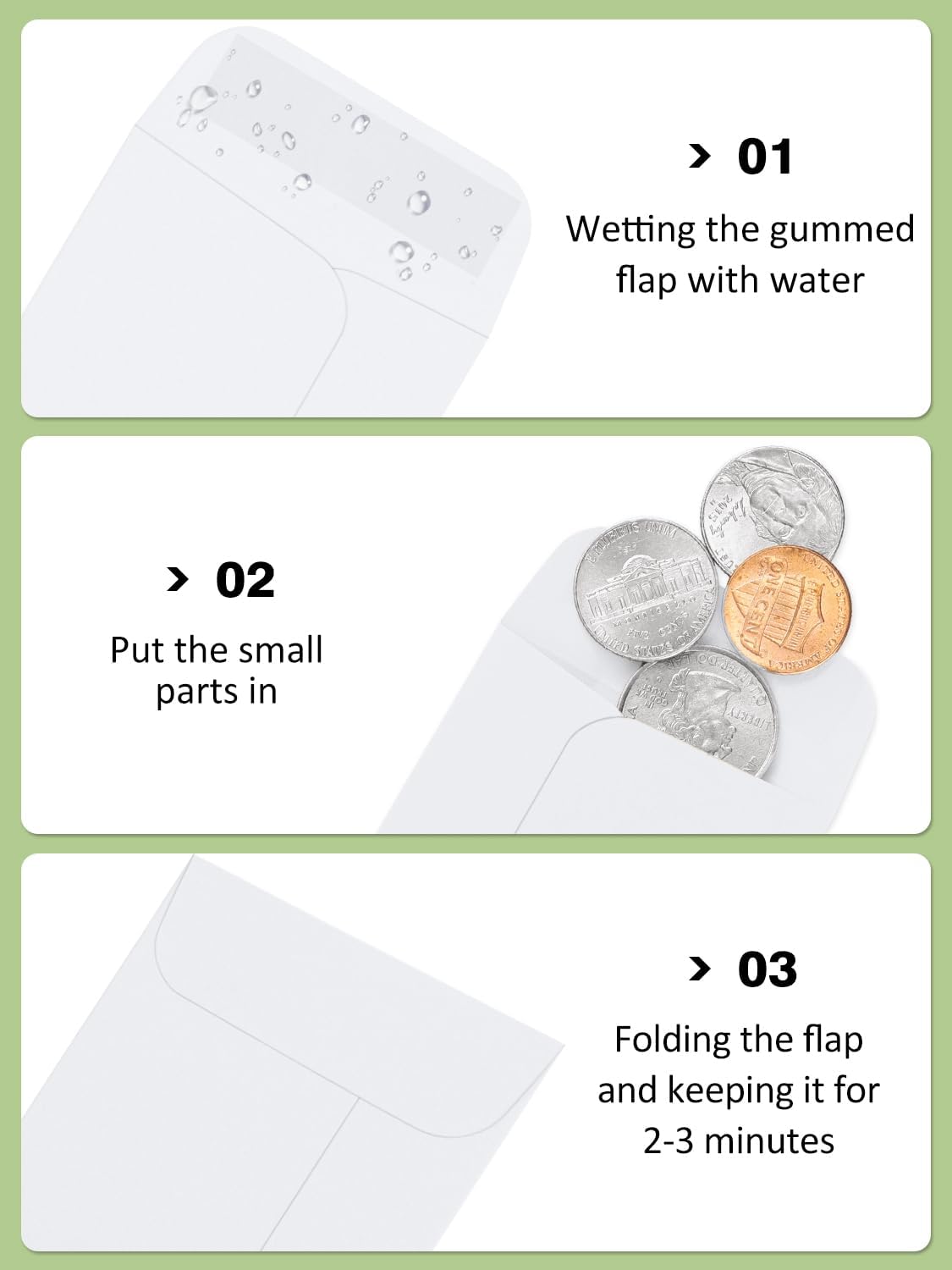#1 Coin Envelopes Eupako 100 PCS 2.25x 3.5" White Small Parts Envelope with Gummed Flap Kraft Seed Envelopes for Garden, Home and Office