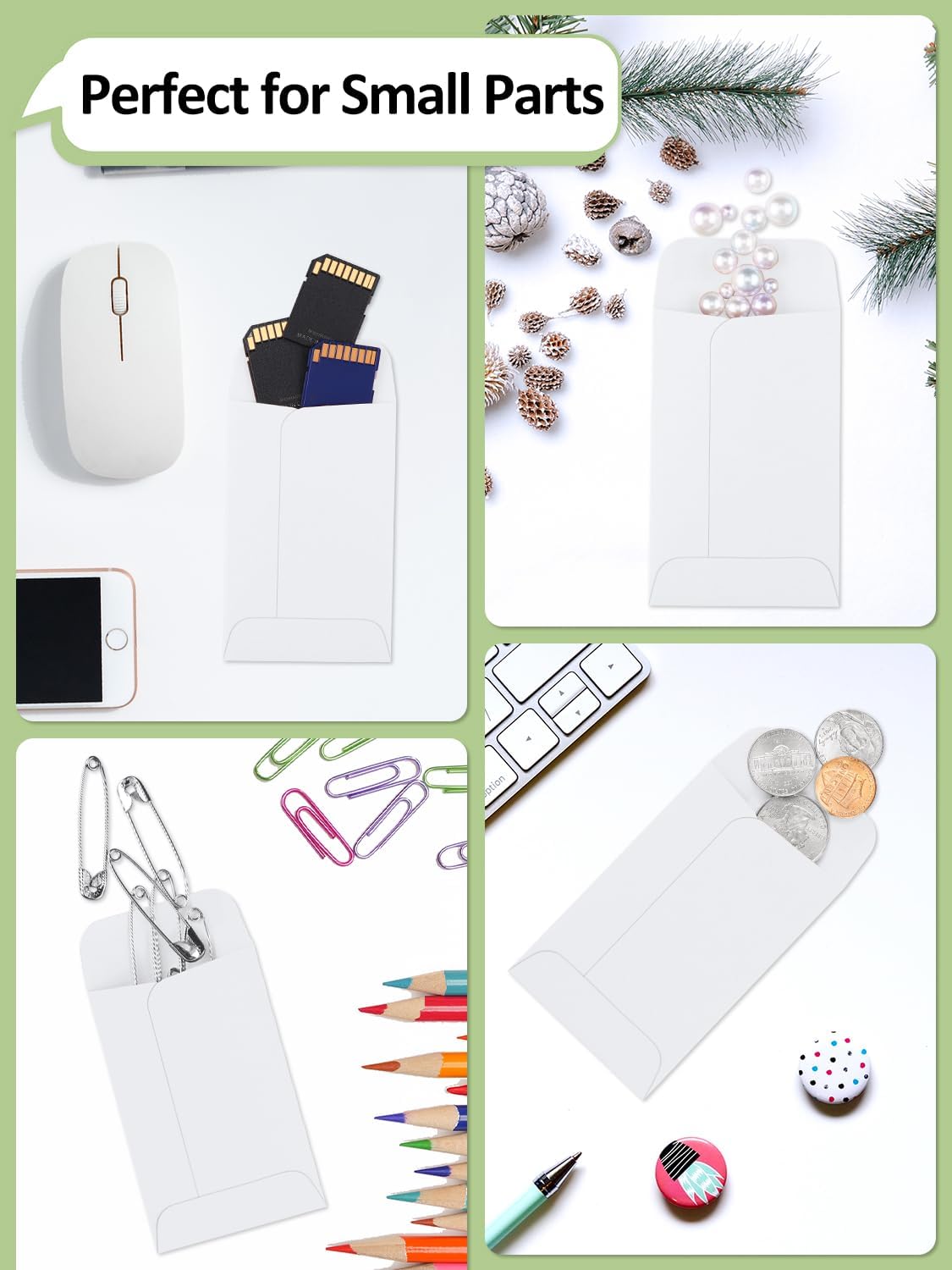 #1 Coin Envelopes Eupako 100 PCS 2.25x 3.5" White Small Parts Envelope with Gummed Flap Kraft Seed Envelopes for Garden, Home and Office