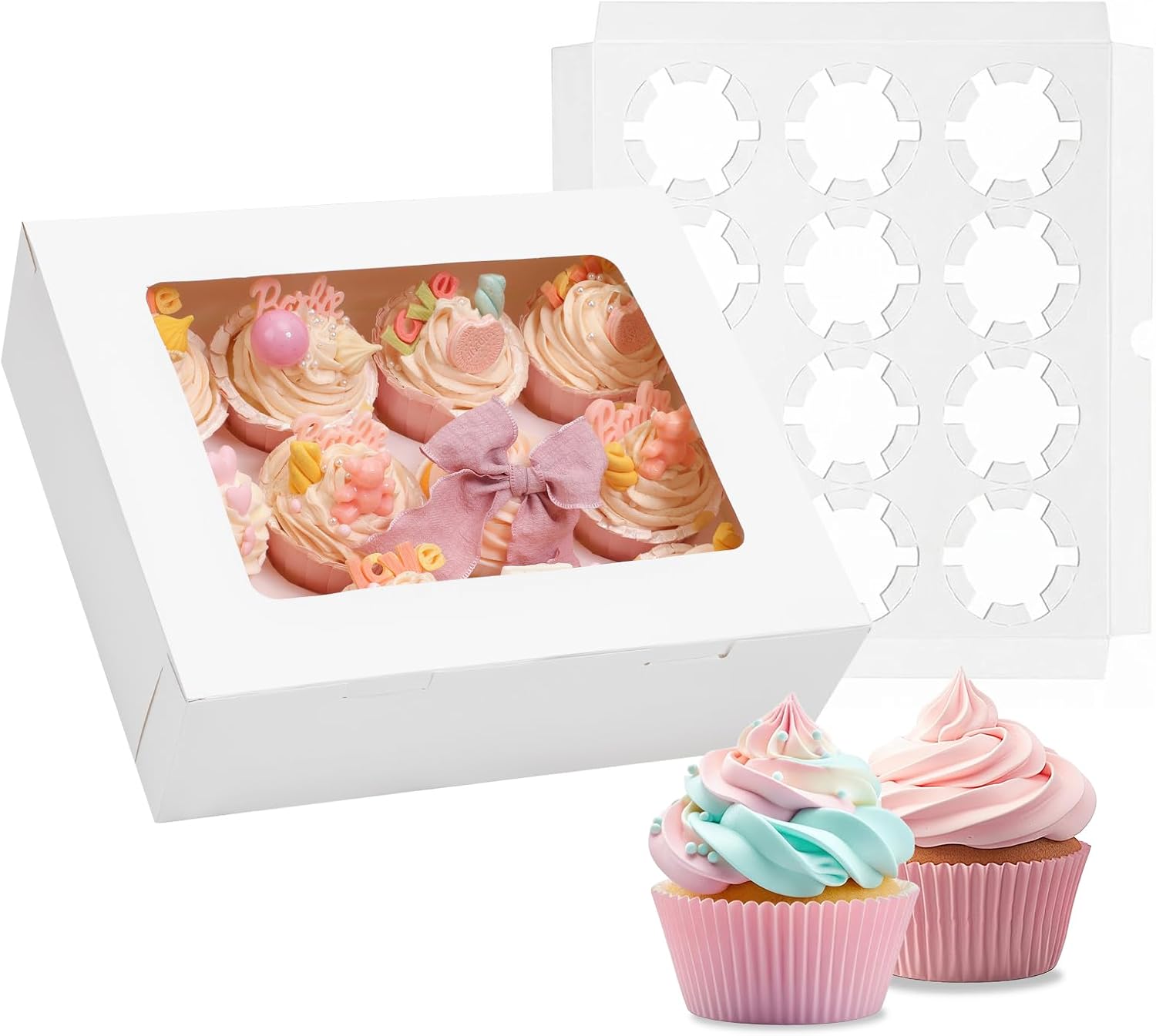 Moretoes 3PCS Cupcake Boxes with Window,Hold 12 Count Cupcake Containers for Cupcakes, Desserts, and More White