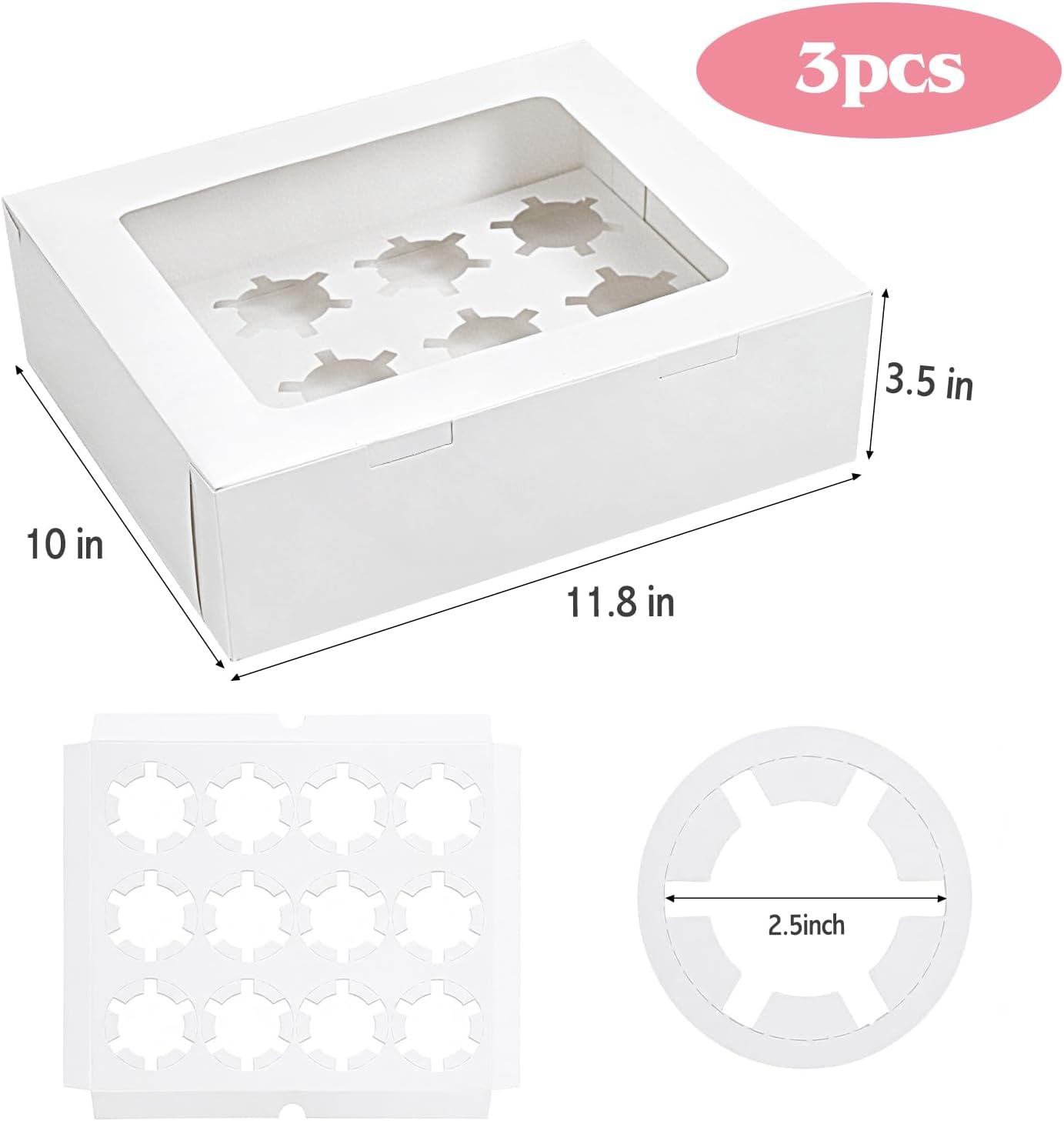 Moretoes 3PCS Cupcake Boxes with Window,Hold 12 Count Cupcake Containers for Cupcakes, Desserts, and More White