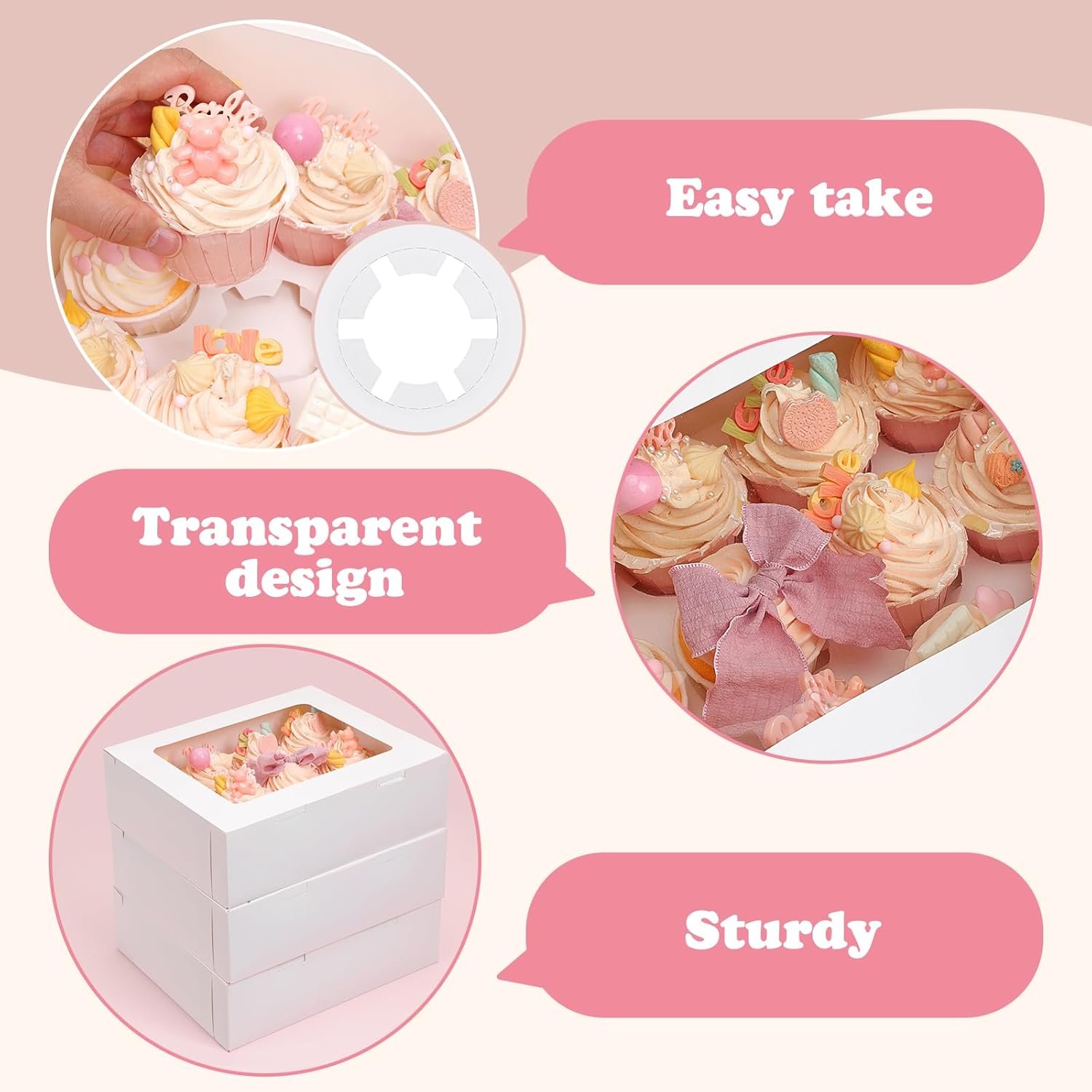 Moretoes 3PCS Cupcake Boxes with Window,Hold 12 Count Cupcake Containers for Cupcakes, Desserts, and More White