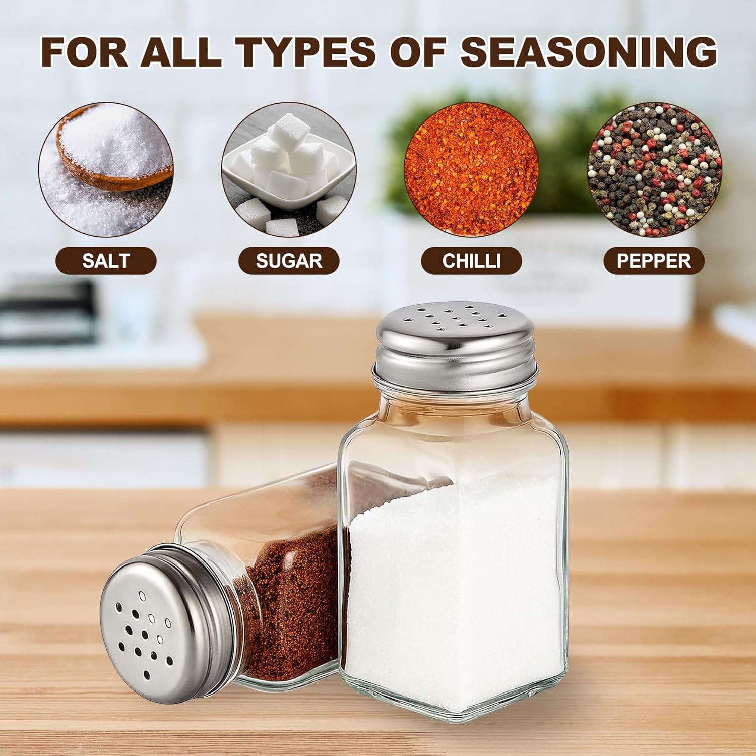 Salt and Pepper Shakers Set, Salt Shaker 2 Pcs,High Transparency Glass Stainless Steel Kitchen Tools Home Essential