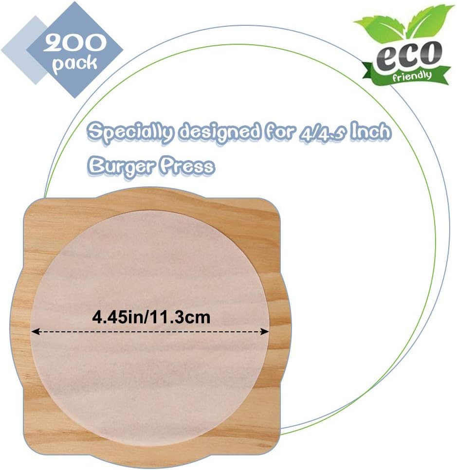 Hamburger Patty Paper Round 4.5 Inch, Set of 200, Non Stick Patty Paper Sheets for Burger Press, Patty Serperate and Cake Baking 5.5/6/7/8/9/10/12inch Available