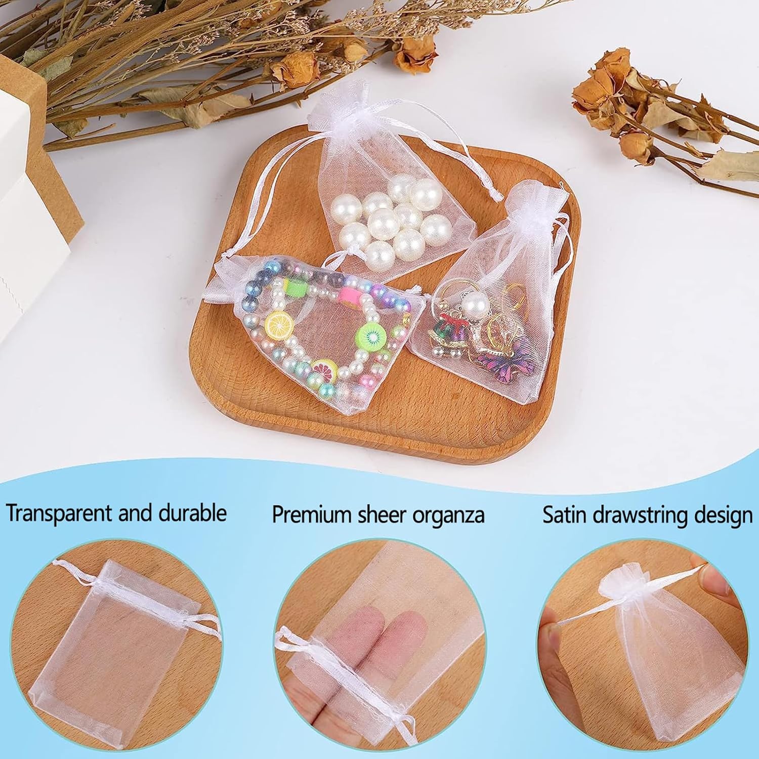 50Pcs White Organza Bags 3x4 Inch, Small Sheer Wedding Party Favor Bags with Drawstring, Mesh Jewelry Gift Bags Christmas Candy Pouches