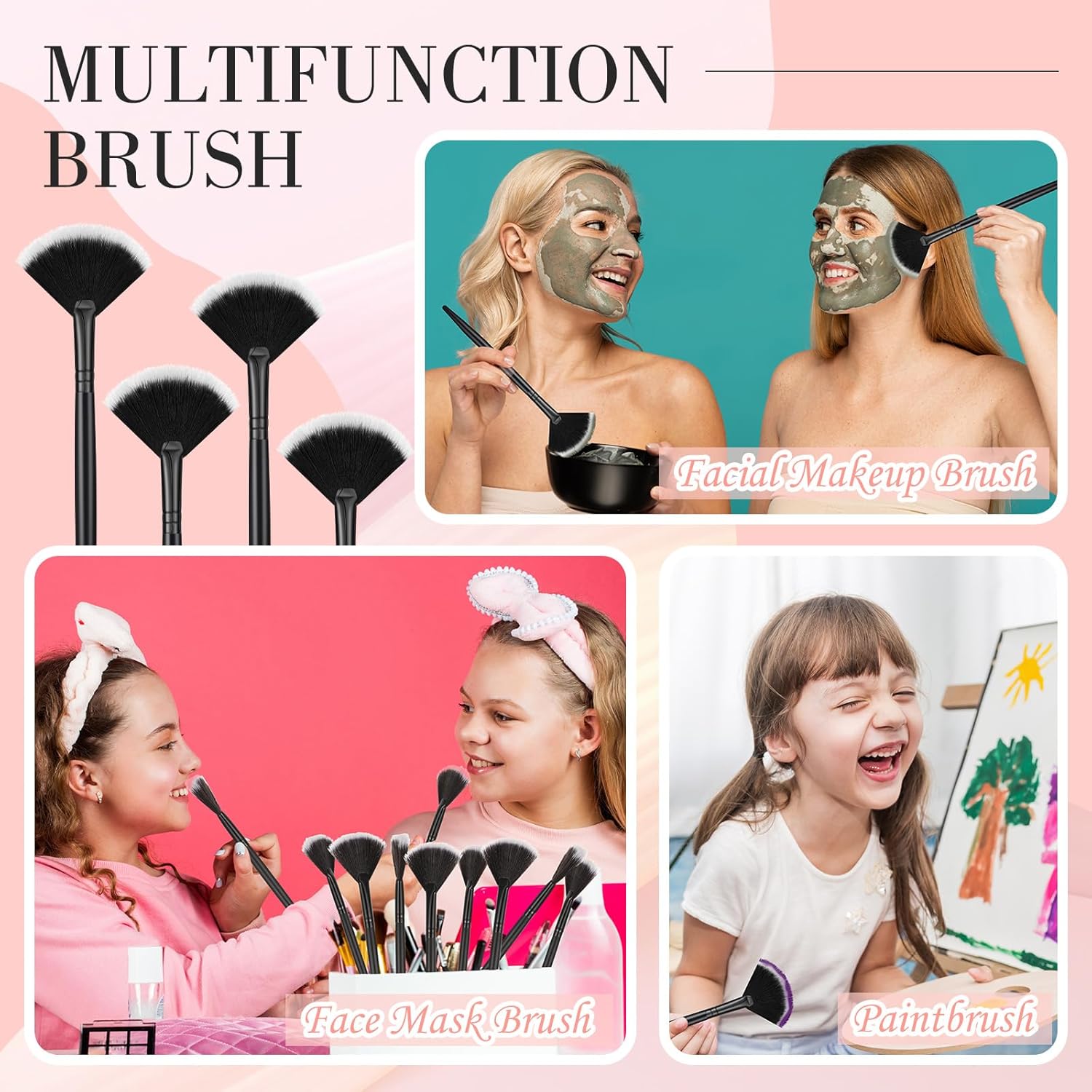 12 Pcs Soft Facial Fan Brush Blush Makeup Brush Face Mask Acid Applicator Multi Use Cosmetic Tools for Peel Mask Makeup for Mud Cream Black