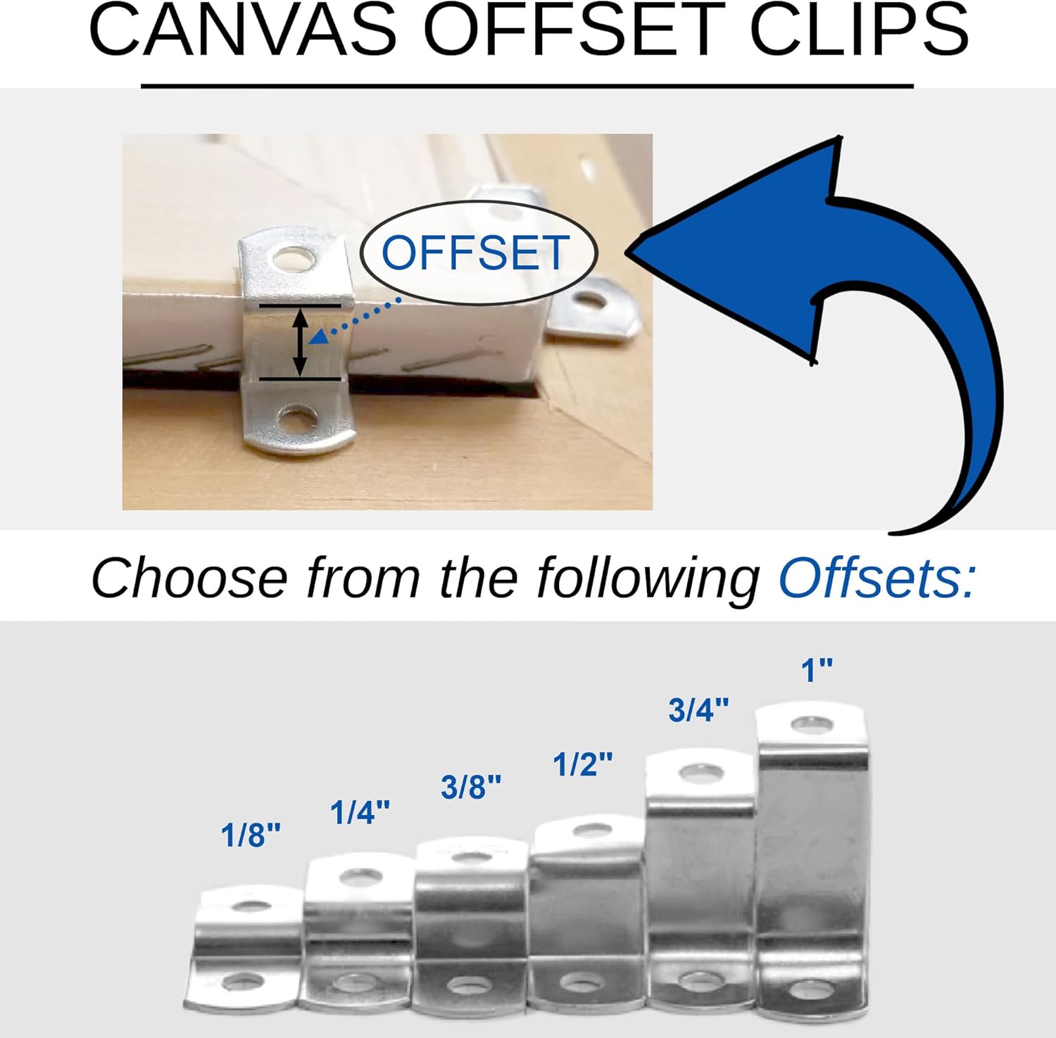 Canvas Clips 8-Pk: 1/2" Offset or Choose Your Length; Mirror Picture Frame or Artwork Hanging Floater Framing; 8 Screws Included; Glass Panel Metal Retainer Clip