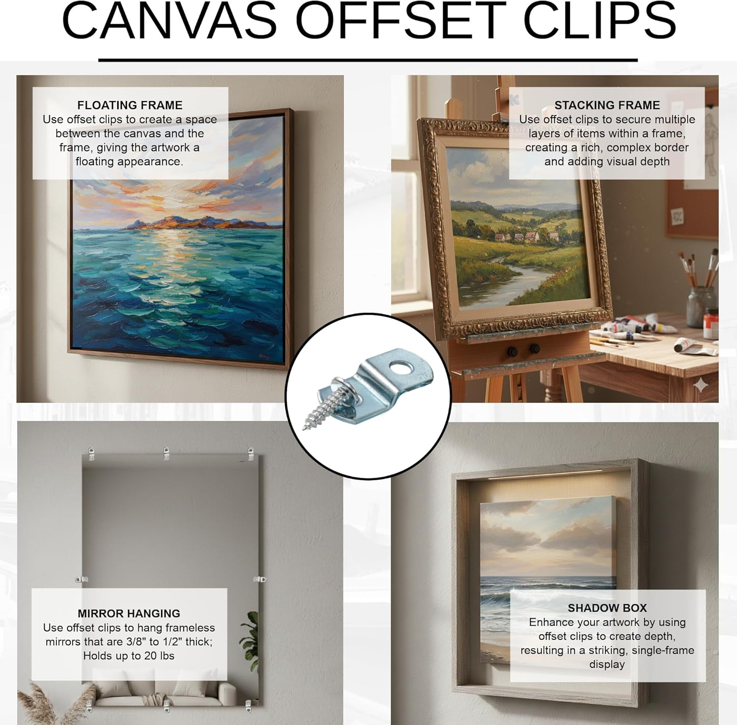 Canvas Clips 8-Pk: 1/2" Offset or Choose Your Length; Mirror Picture Frame or Artwork Hanging Floater Framing; 8 Screws Included; Glass Panel Metal Retainer Clip