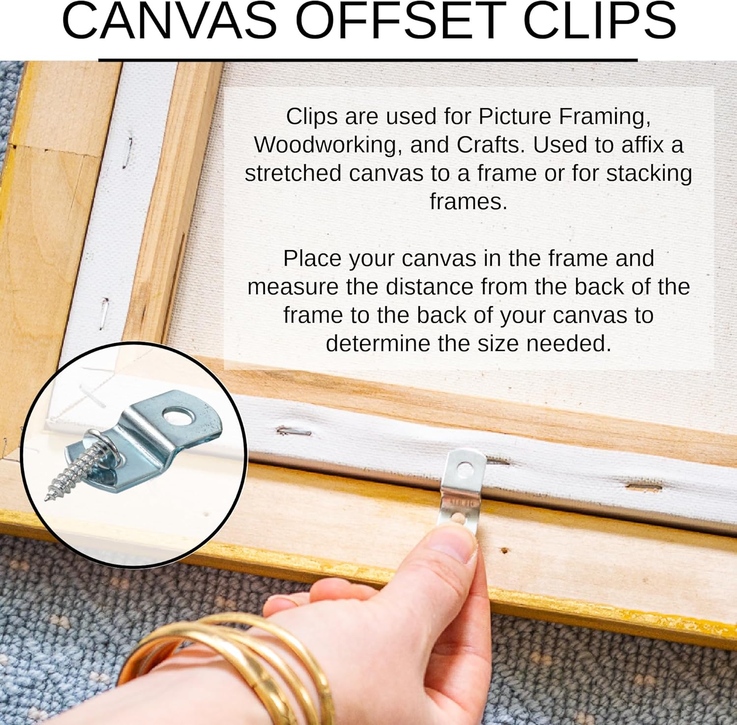 Canvas Clips 8-Pk: 1/2" Offset or Choose Your Length; Mirror Picture Frame or Artwork Hanging Floater Framing; 8 Screws Included; Glass Panel Metal Retainer Clip
