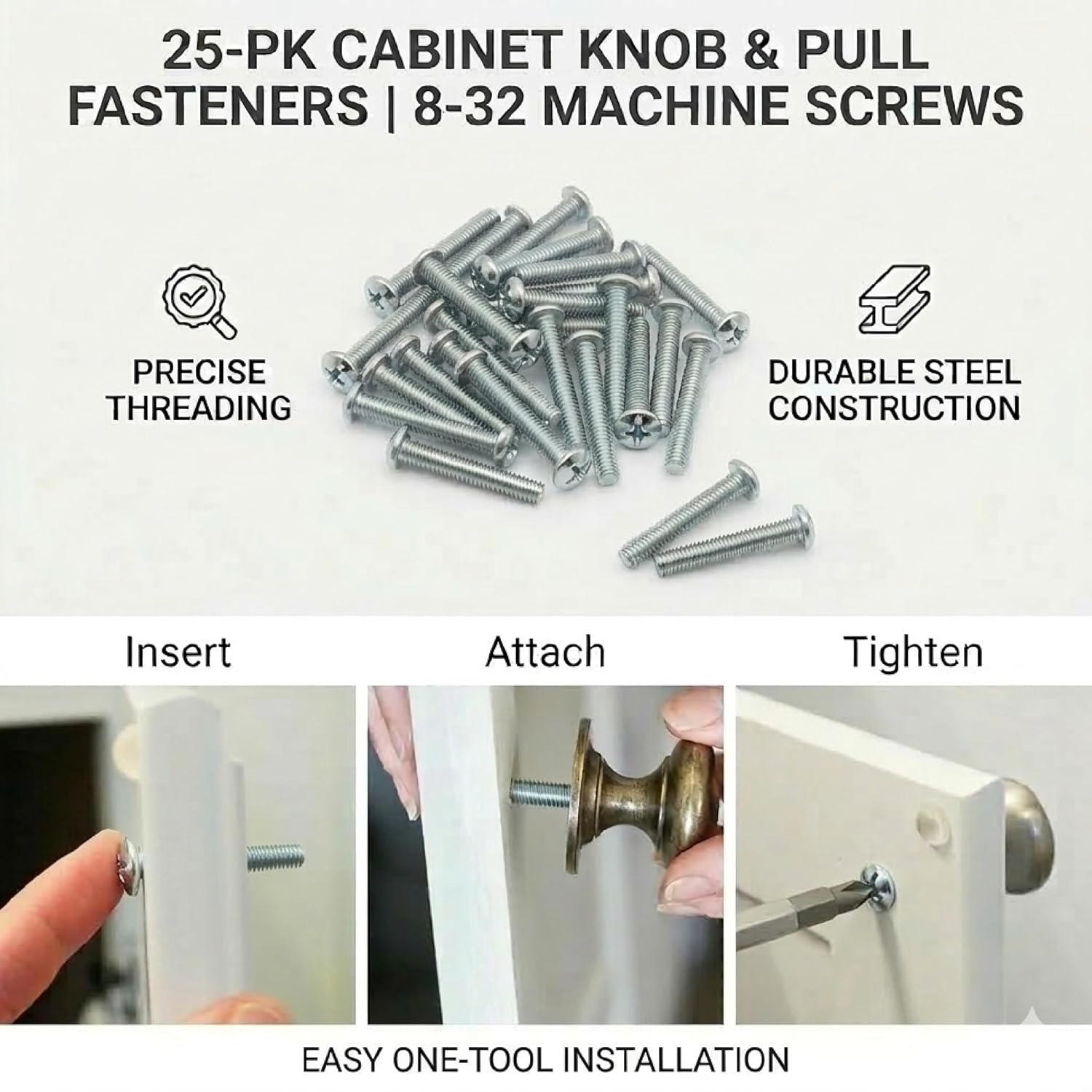 Cabinet Knob & Pull Machine Screws 25-pk 8-32 x 1-1/2" or Choose Your Length; Fasteners for Kitchen & Bathroom Drawer & Door Hardware