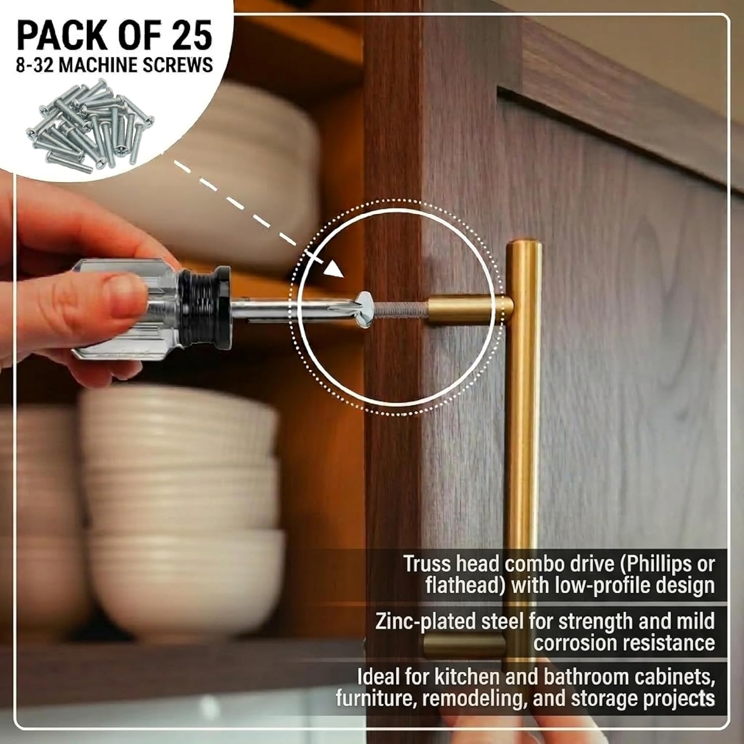 Cabinet Knob & Pull Machine Screws 25-pk 8-32 x 1-1/2" or Choose Your Length; Fasteners for Kitchen & Bathroom Drawer & Door Hardware
