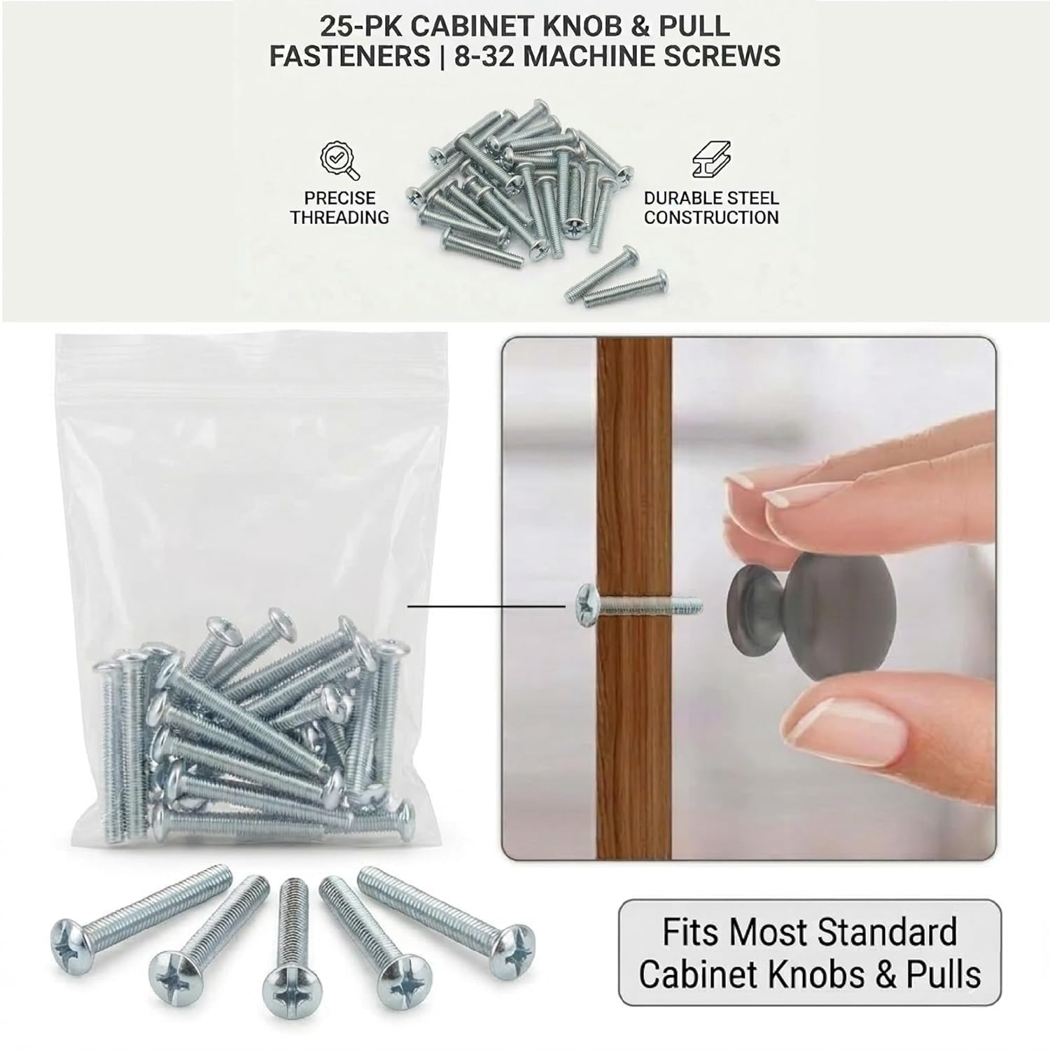 Cabinet Knob & Pull Machine Screws 25-pk 8-32 x 1-1/2" or Choose Your Length; Fasteners for Kitchen & Bathroom Drawer & Door Hardware