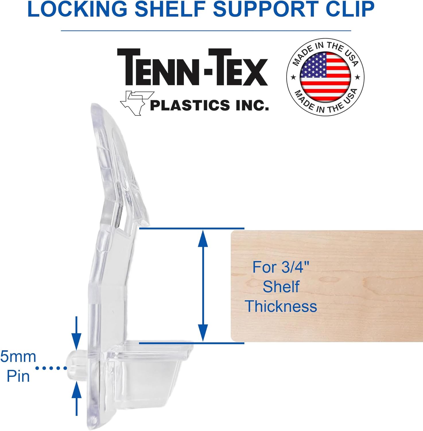 Self-Locking Shelf Support Clips, Made in The USA - for 3/4" Thick Shelves, 5mm Dowel Peg - for Kitchen Cabinet, Cupboard, Pantry, Closest, Book Shelves - Clear Plastic Clip 8, Clear