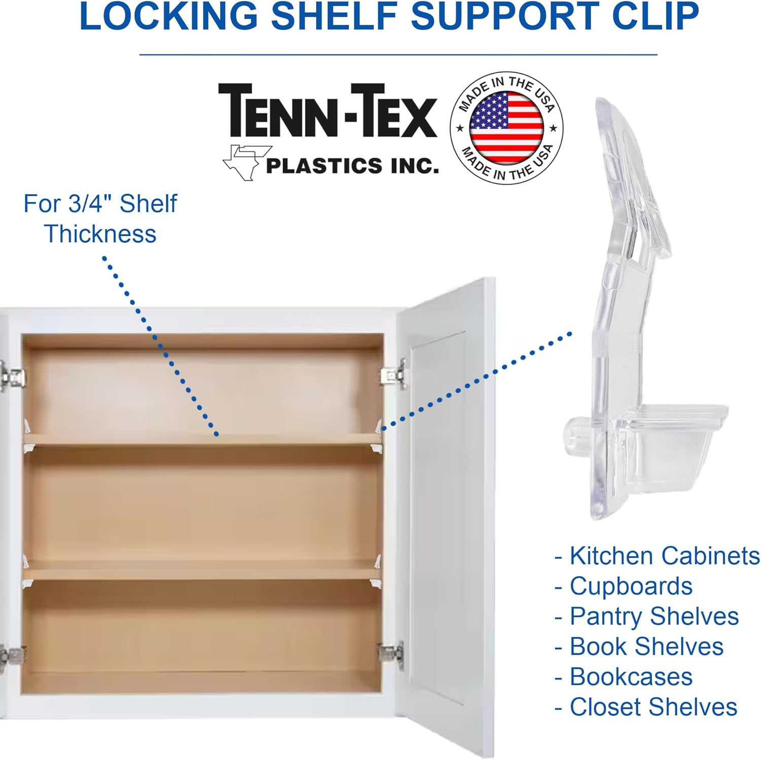 Self-Locking Shelf Support Clips, Made in The USA - for 3/4" Thick Shelves, 5mm Dowel Peg - for Kitchen Cabinet, Cupboard, Pantry, Closest, Book Shelves - Clear Plastic Clip 8, Clear