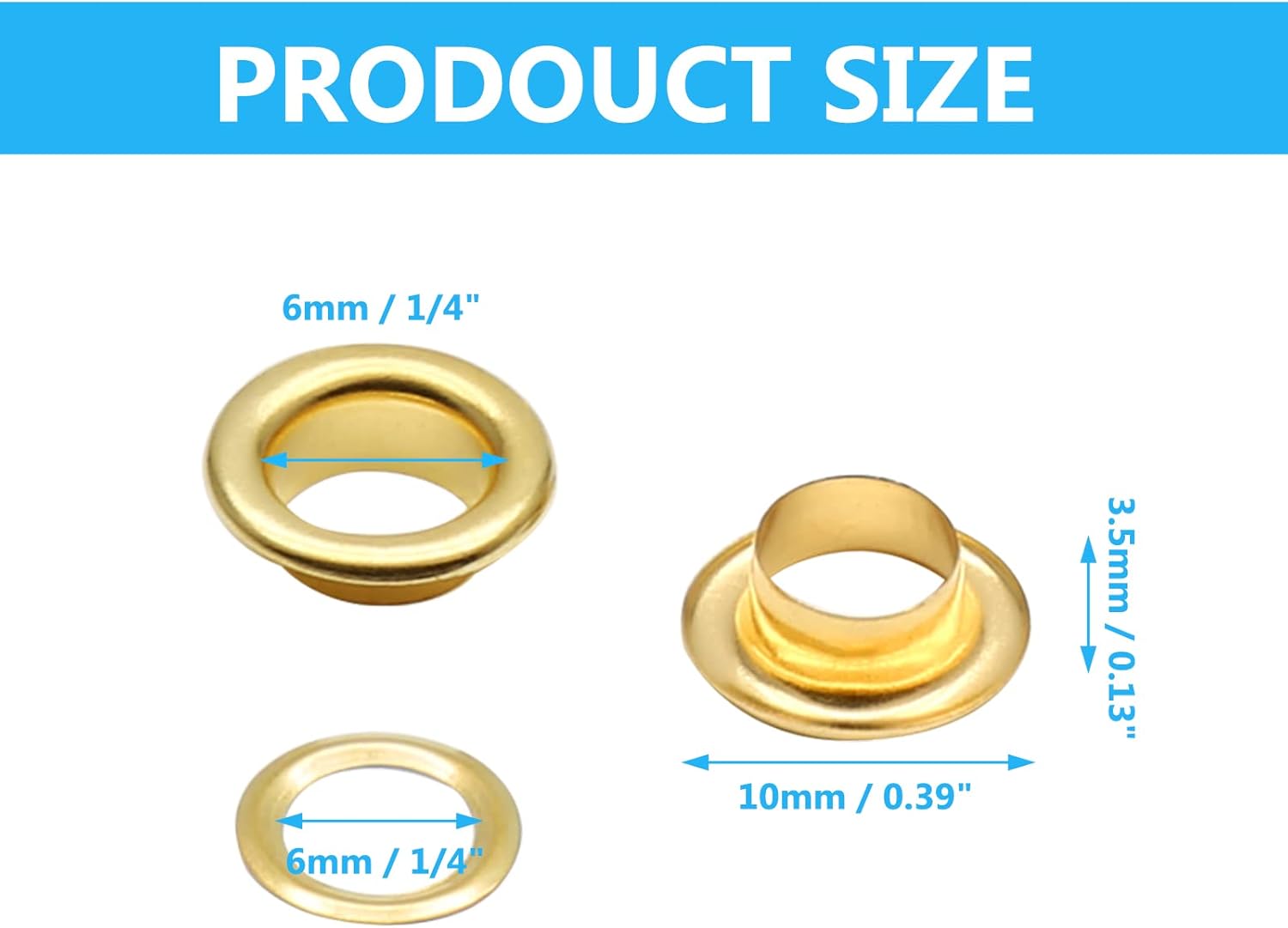 Biaungdo 1/4" Eyelets, Gold Grommets Eyelets, Metal Eyelets with Washers for Canvas, Shoes, Clothing, Fabric, Leather and Bag, 100 Sets Gold