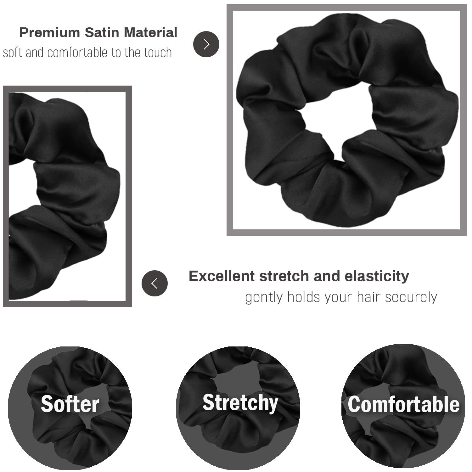 Scrunchies or Hair Sleep, Premium Satin Sot Than Silk or Women Curly Hair, Cute Bands Ties or Girls Thin | Thick Hair Styling, 12 Pack, Black