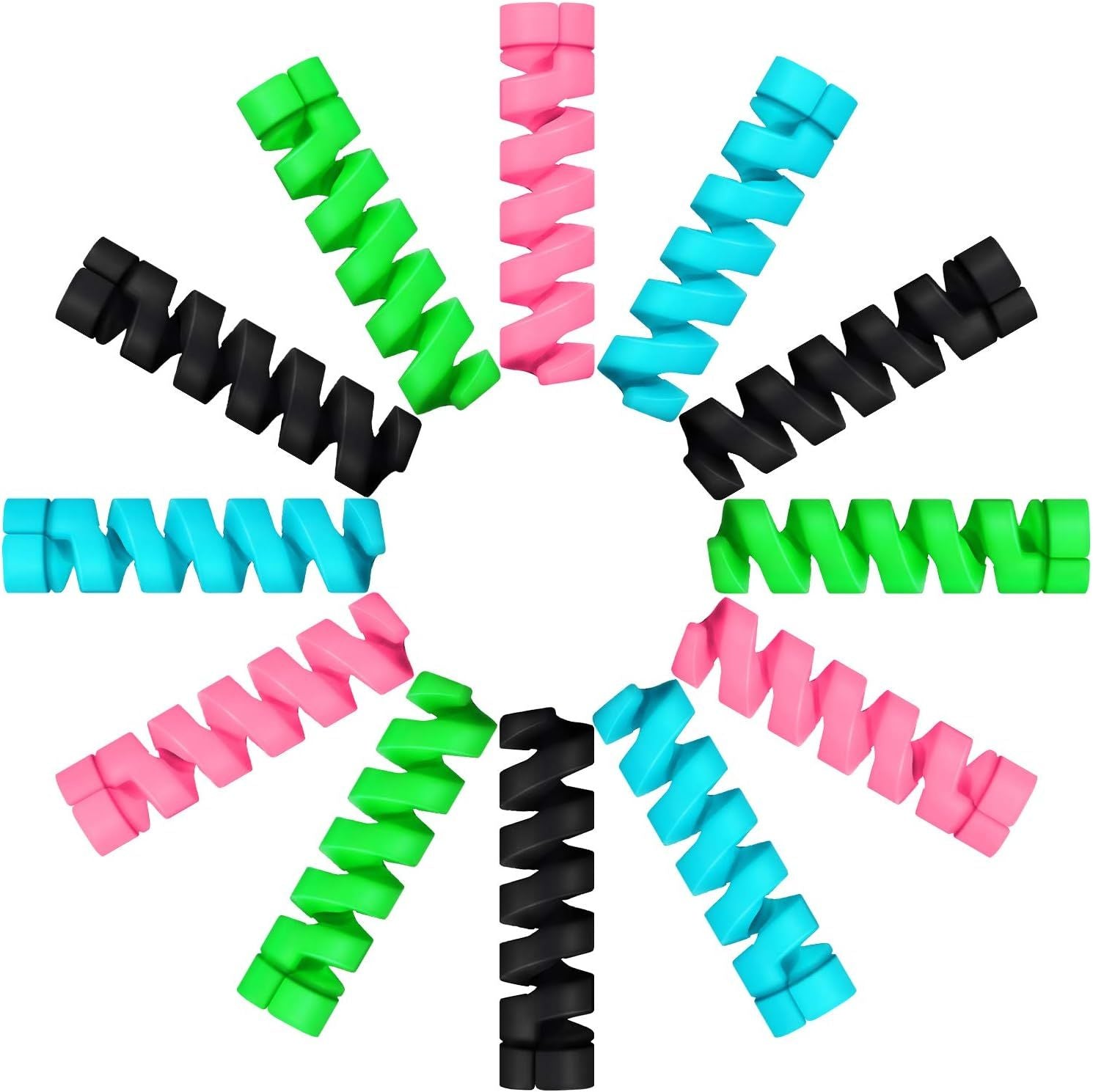 24 Pcs Charger Cable Protector,Silicone lexible Cable Saver,Spiral USB Mouse Wire Protector or Headphone Laptop Earphone Cell Phone Wrap Accessories Black,Pink,Blue,Green