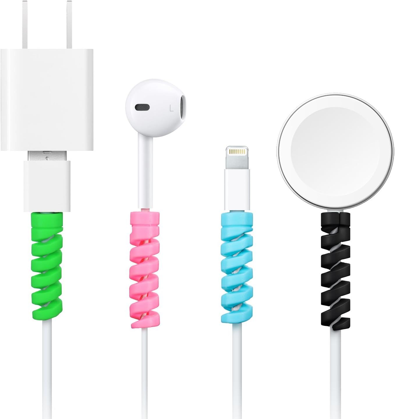 24 Pcs Charger Cable Protector,Silicone lexible Cable Saver,Spiral USB Mouse Wire Protector or Headphone Laptop Earphone Cell Phone Wrap Accessories Black,Pink,Blue,Green