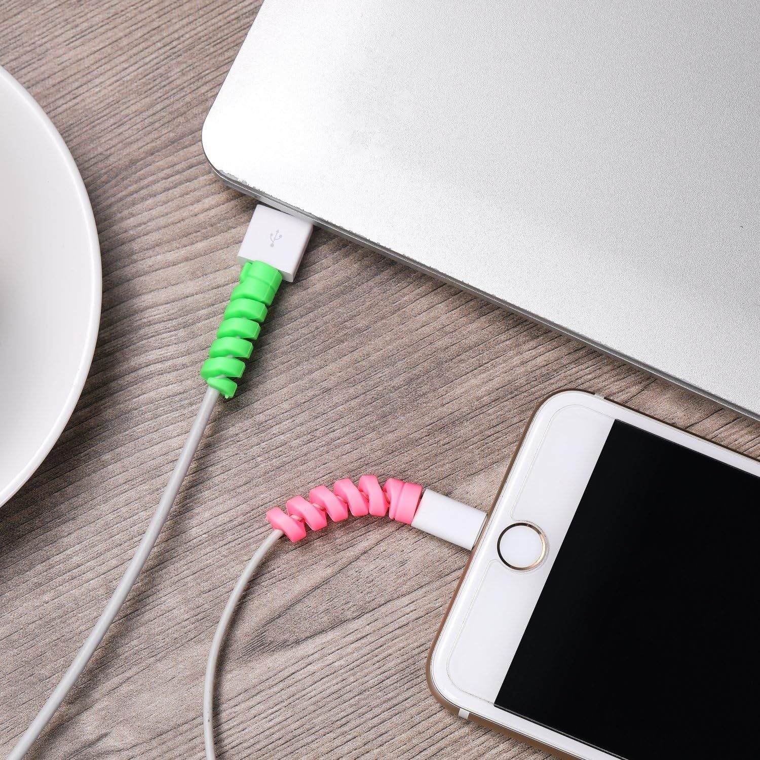24 Pcs Charger Cable Protector,Silicone lexible Cable Saver,Spiral USB Mouse Wire Protector or Headphone Laptop Earphone Cell Phone Wrap Accessories Black,Pink,Blue,Green