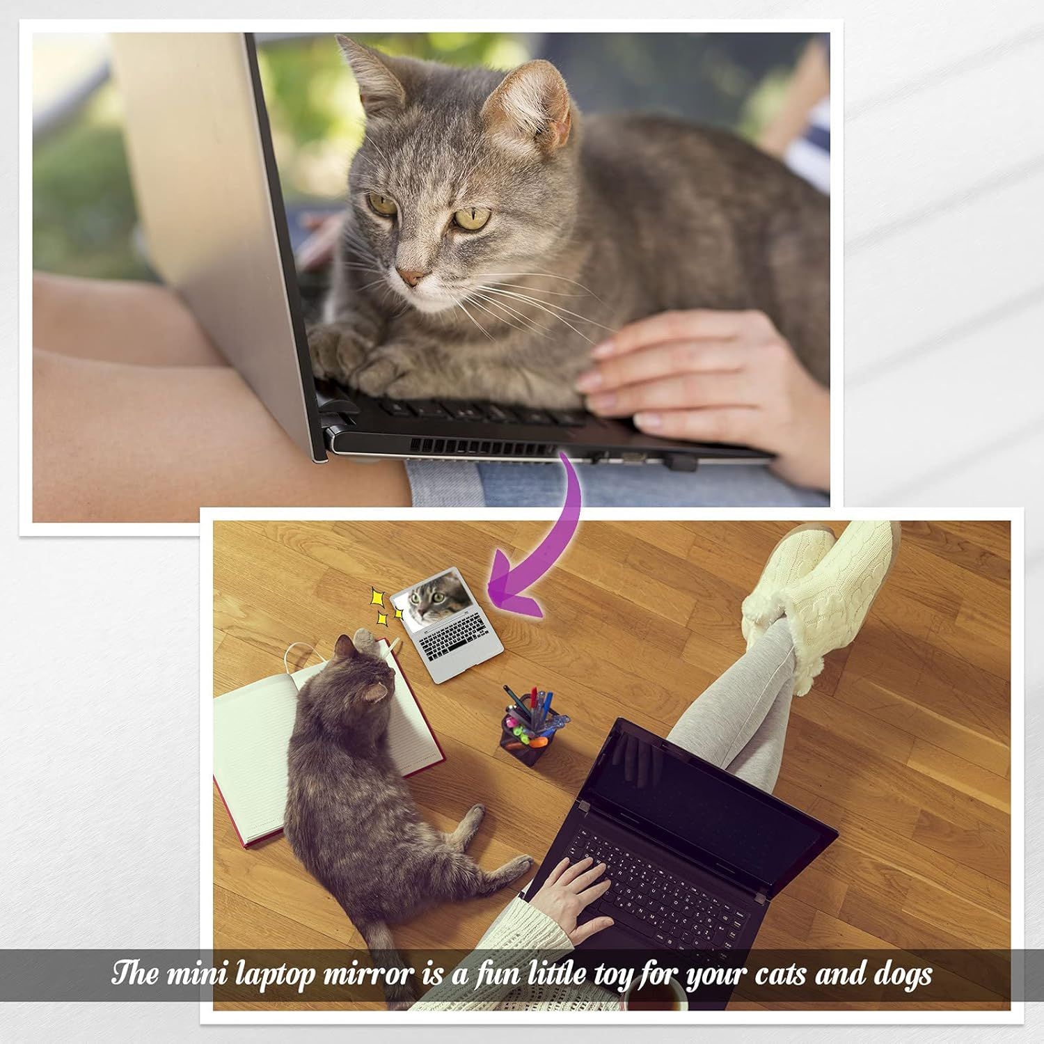 Mini Cat Laptop Toy Pocket Mirror Cat Laptop 3.7 x 2.5 Inch Tiny ake Computer Compact Mirror or Dollhouse Pet Travel Makeup Decoration Silver