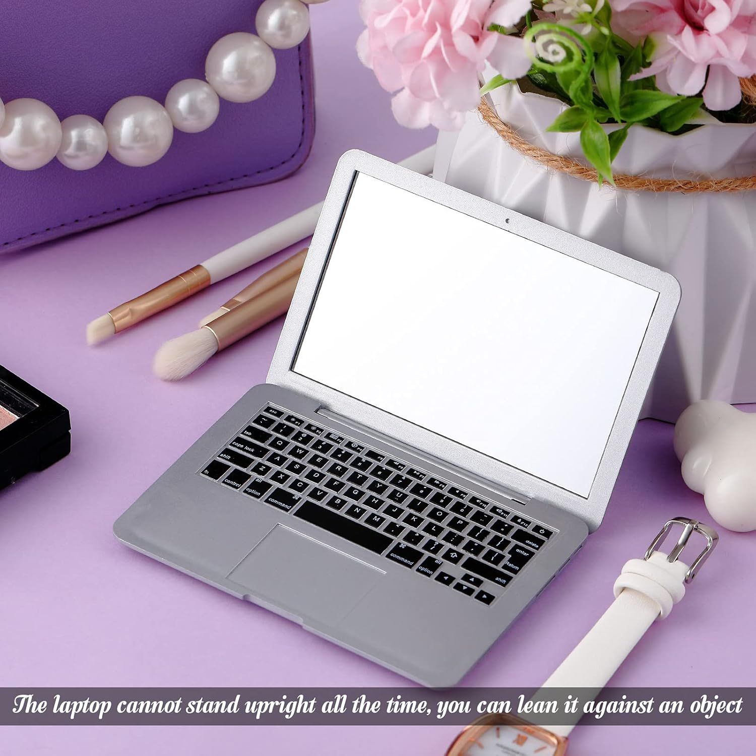 Mini Cat Laptop Toy Pocket Mirror Cat Laptop 3.7 x 2.5 Inch Tiny ake Computer Compact Mirror or Dollhouse Pet Travel Makeup Decoration Silver