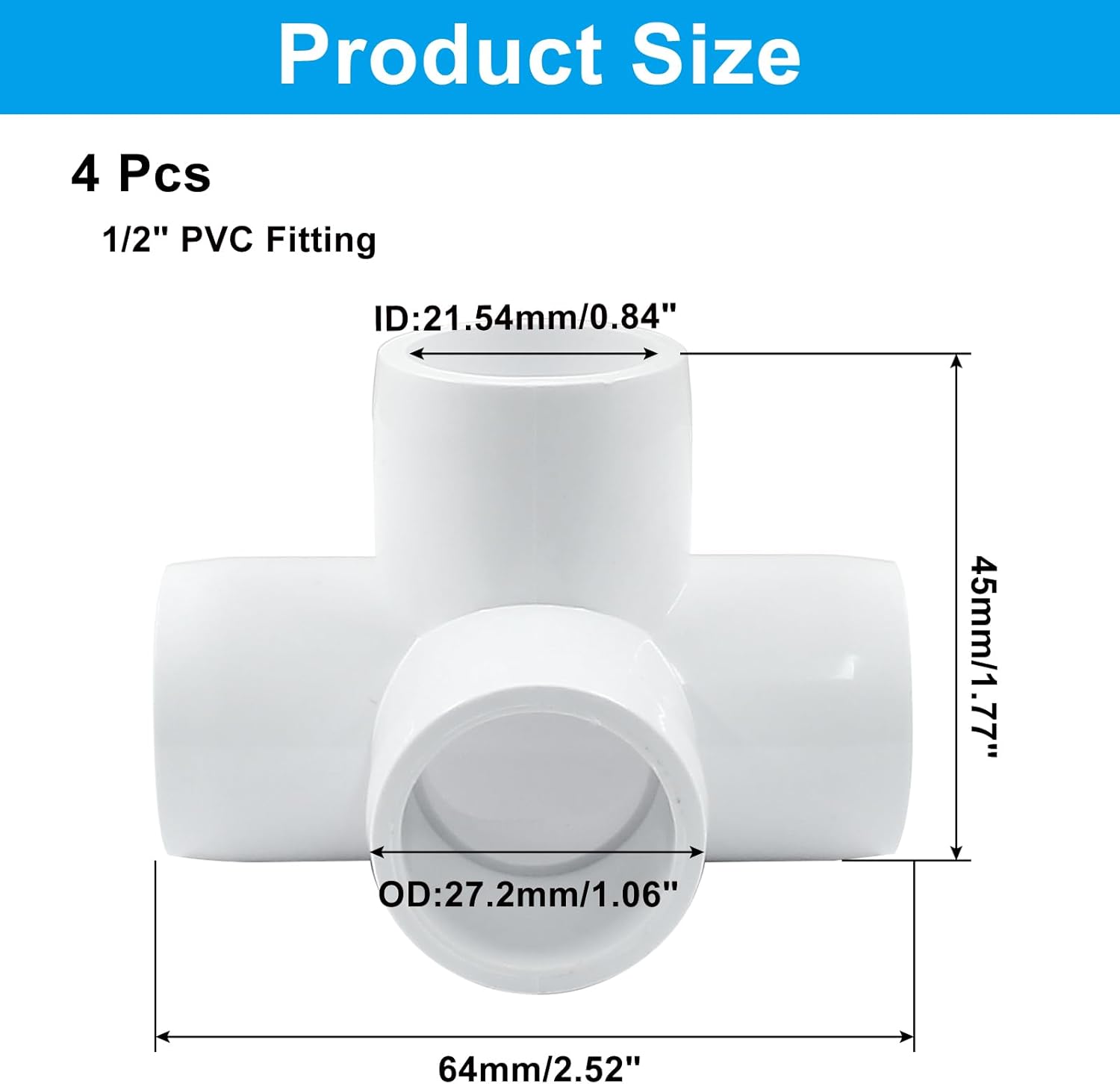 Biaungdo 4 Pcs 1/2" PVC Pipe Fitting, 4 Way Elbow Pipe Connector Furniture Grade Corner Fittings PVC Elbow Fitting for DIY Shelf Garden Support PVC Structure White