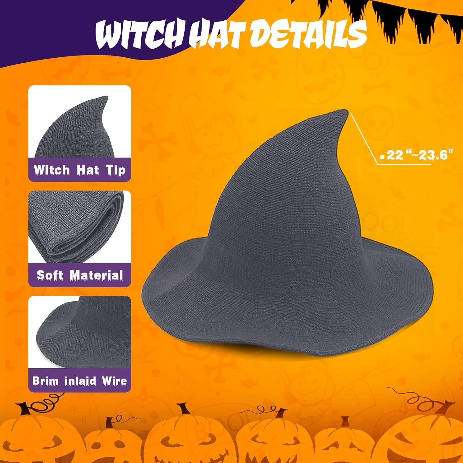 Women Witch Hat or Halloween Wool Hats Wide Brim Spire Knitted Cap or Party Masquerade Cosplay Costume Daily
