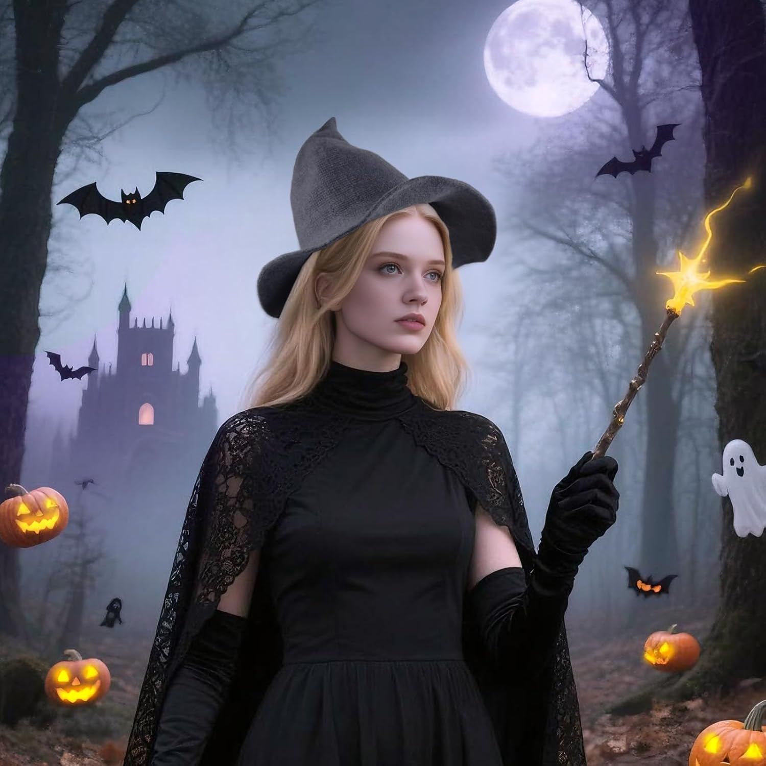 Women Witch Hat or Halloween Wool Hats Wide Brim Spire Knitted Cap or Party Masquerade Cosplay Costume Daily