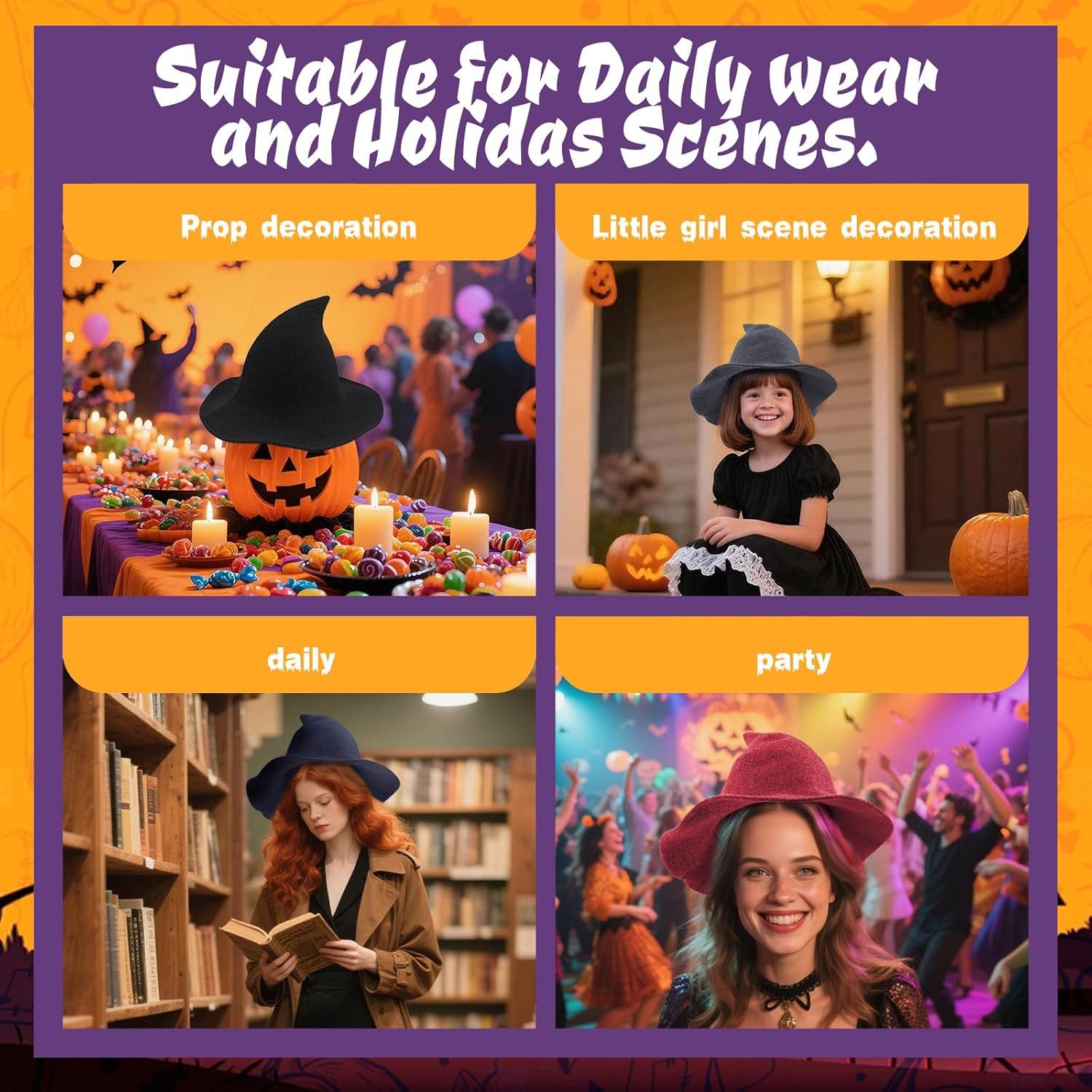 Women Witch Hat or Halloween Wool Hats Wide Brim Spire Knitted Cap or Party Masquerade Cosplay Costume Daily