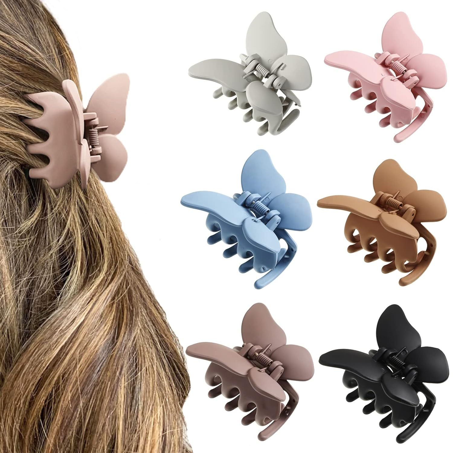 6PCS Hair Clip, 2 Inch Butterly Claw Clips or Women Girls Small Nonslip Butterly Jaw Clips or Thick Hair and Strong Hold, Pack o 6, Solid color blue+black+white+brown+an+coee