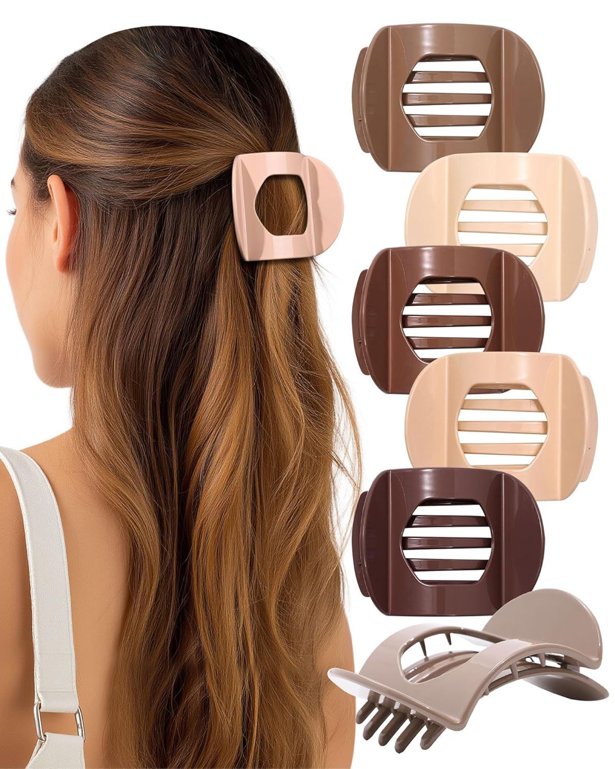 6Pcs lat Hair Clips or Women Strong Grip Curved Claw Clip or Thin Hair Non-slip Plastic Hair Barrettes Light Brown+Dark Brown+Light Brown+Dark Brown+O-White+Chestnut