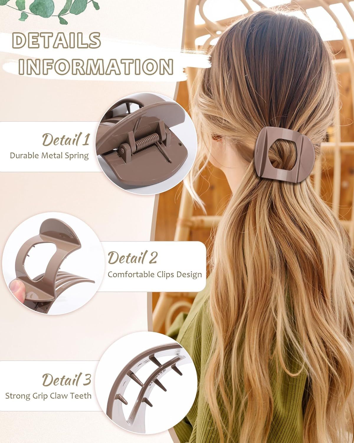 6Pcs lat Hair Clips or Women Strong Grip Curved Claw Clip or Thin Hair Non-slip Plastic Hair Barrettes Light Brown+Dark Brown+Light Brown+Dark Brown+O-White+Chestnut