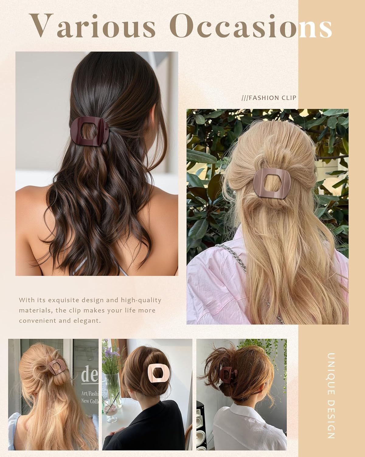 6Pcs lat Hair Clips or Women Strong Grip Curved Claw Clip or Thin Hair Non-slip Plastic Hair Barrettes Light Brown+Dark Brown+Light Brown+Dark Brown+O-White+Chestnut