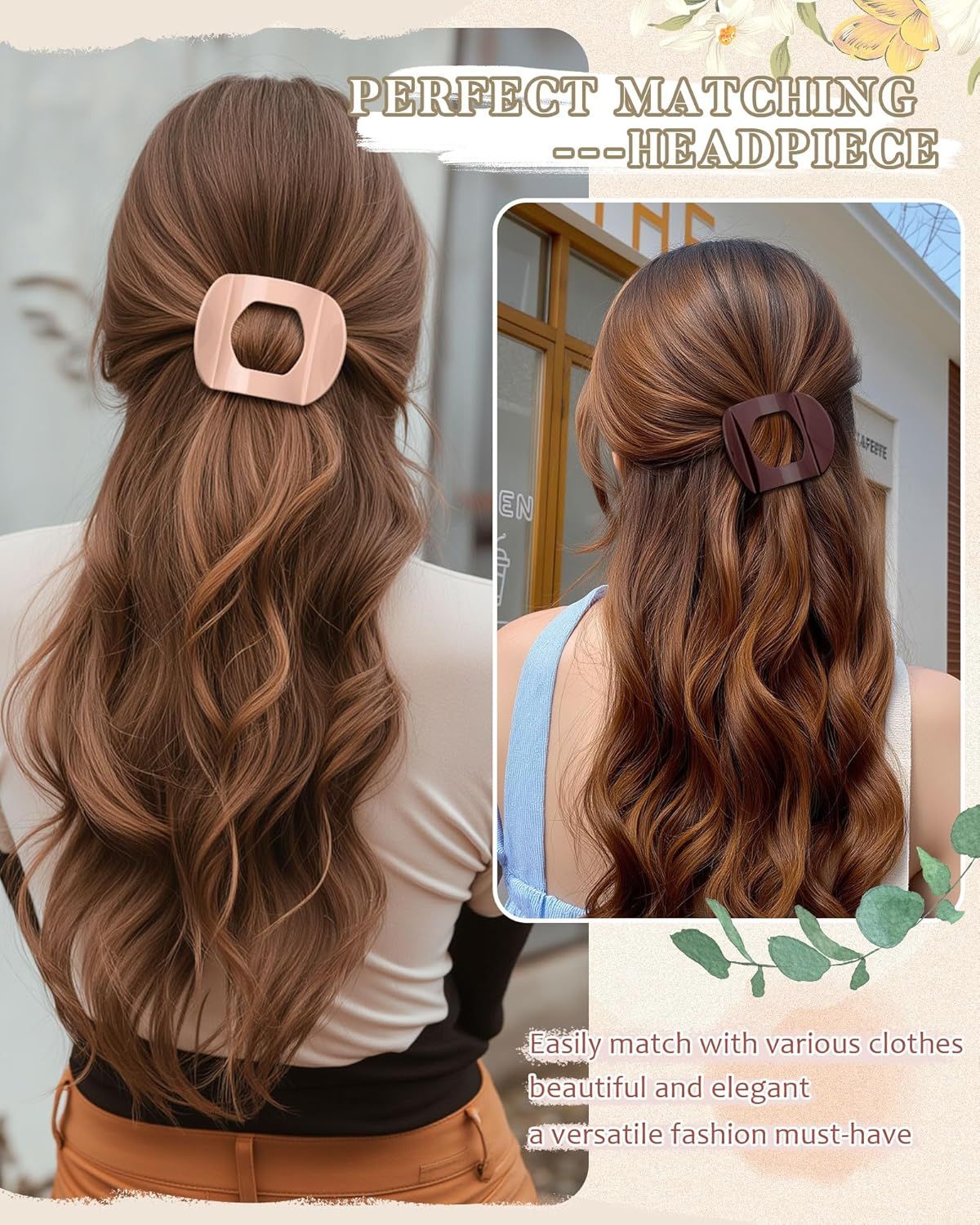 6Pcs lat Hair Clips or Women Strong Grip Curved Claw Clip or Thin Hair Non-slip Plastic Hair Barrettes Light Brown+Dark Brown+Light Brown+Dark Brown+O-White+Chestnut