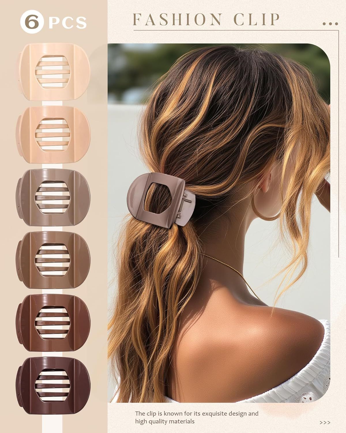 6Pcs lat Hair Clips or Women Strong Grip Curved Claw Clip or Thin Hair Non-slip Plastic Hair Barrettes Light Brown+Dark Brown+Light Brown+Dark Brown+O-White+Chestnut