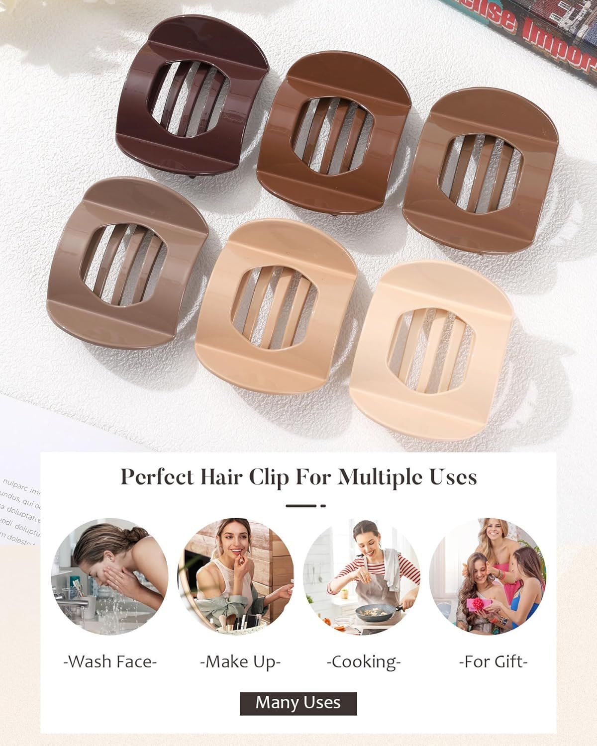 6Pcs lat Hair Clips or Women Strong Grip Curved Claw Clip or Thin Hair Non-slip Plastic Hair Barrettes Light Brown+Dark Brown+Light Brown+Dark Brown+O-White+Chestnut