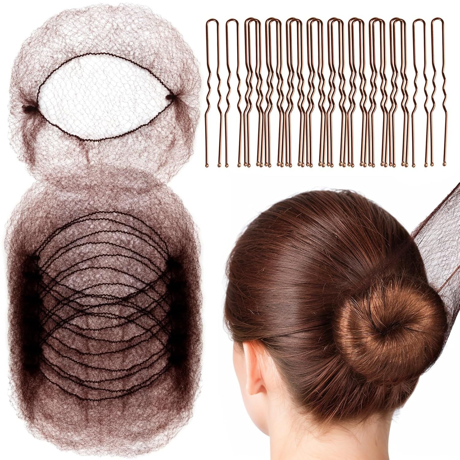 Hair Accessories Set: 20PCS Mesh Hair Nets Invisible and 40PCS U Shaped Hair Pins or Women, Girls, Ballet Bun Maker & Dance Hair Nets- 20 inch 50cm , Hair Pins- 2.4 inch 6cm , Brown