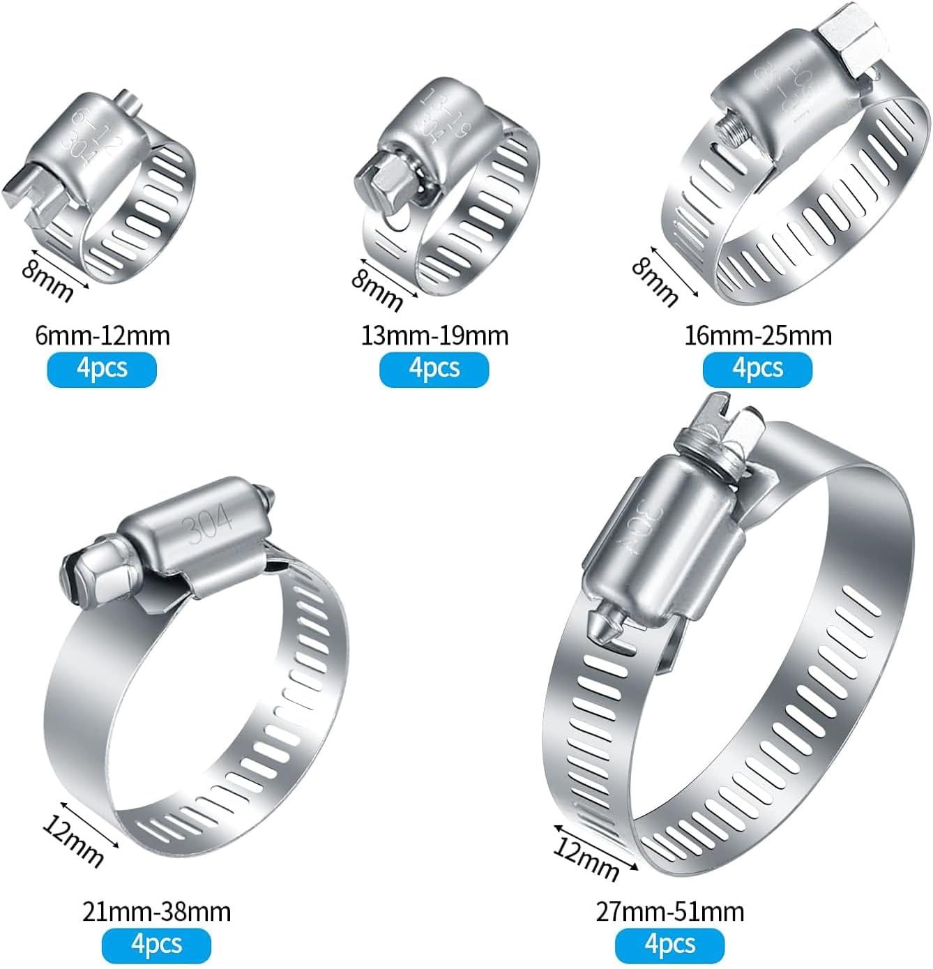 20Pcs Adjustable Stainless Steel Hose Clamps Assortment Kit, 1/4-2 in 6-51mm Worm Gear Pipe, uel LineHeavy Duty or Plumbing, Washing Machine, Mechanical，Garden and Automotive Hose Connections