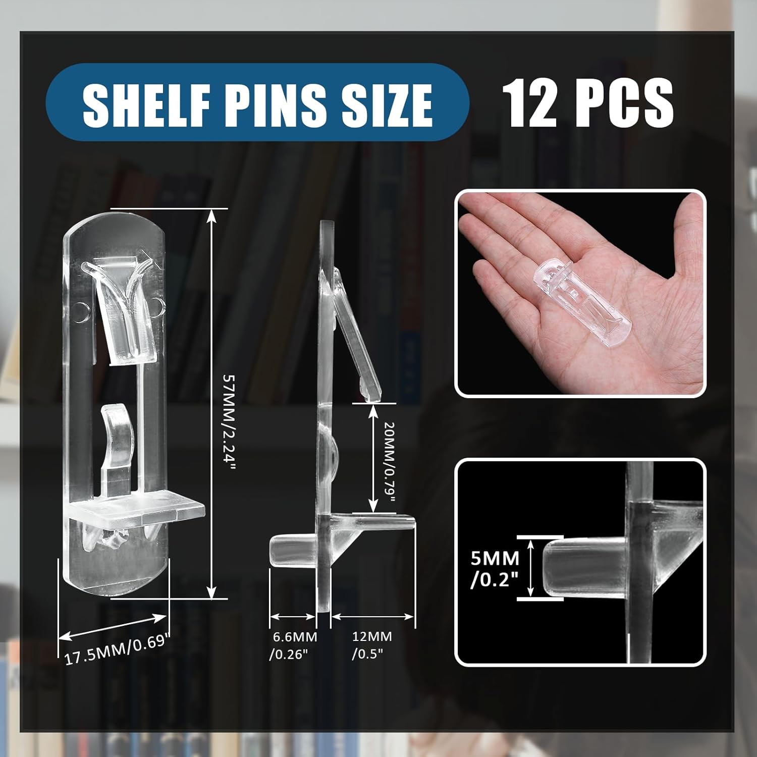 Biaungdo 12 Pcs Plastic Locking Shelf Support Pegs, 5mm Clear Cabinet Shelf Pins Self-Locking Cabinet Shelf Pegs Clips for Kitchen Furniture Bookcase Closet Fit 5mm Diameter Hole & 3/4 Inch Shelf