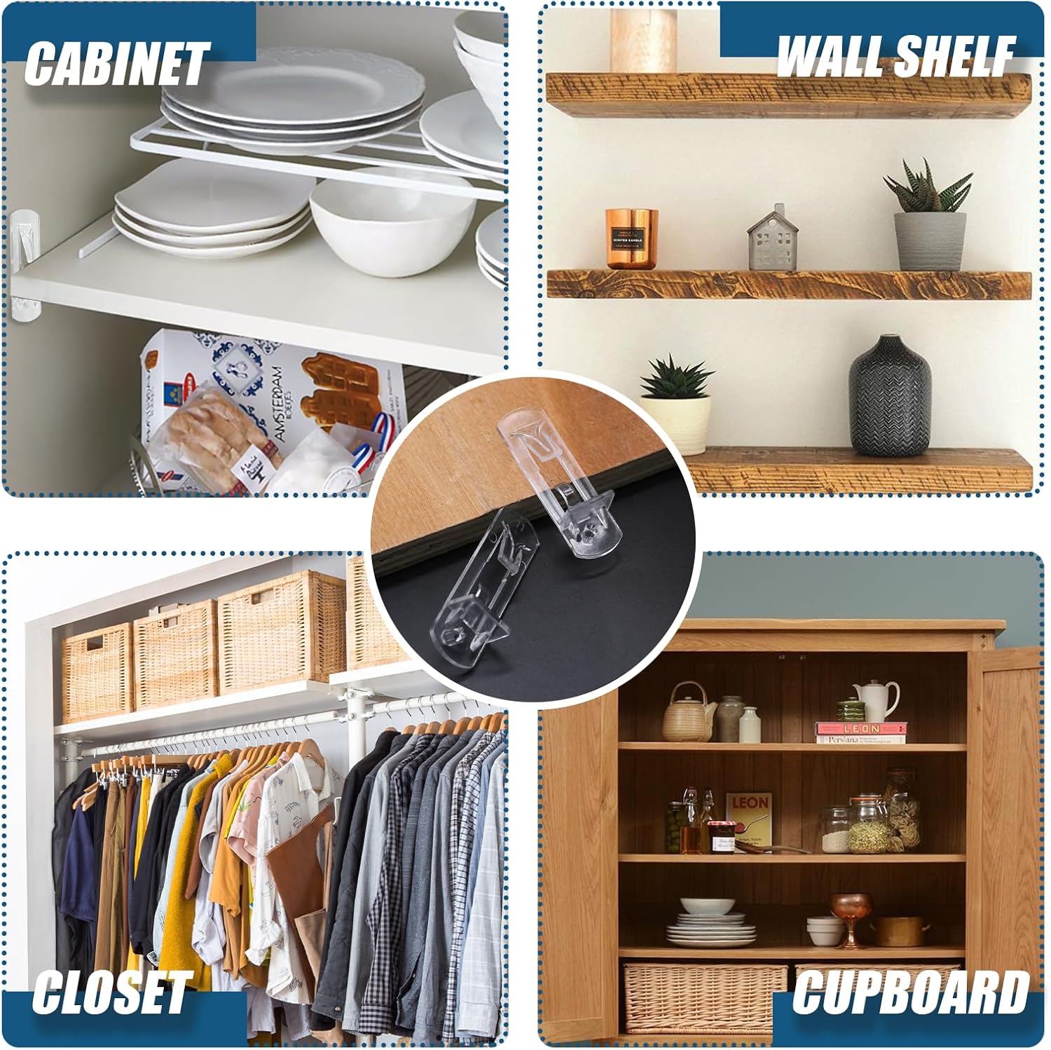 Biaungdo 12 Pcs Plastic Locking Shelf Support Pegs, 5mm Clear Cabinet Shelf Pins Self-Locking Cabinet Shelf Pegs Clips for Kitchen Furniture Bookcase Closet Fit 5mm Diameter Hole & 3/4 Inch Shelf