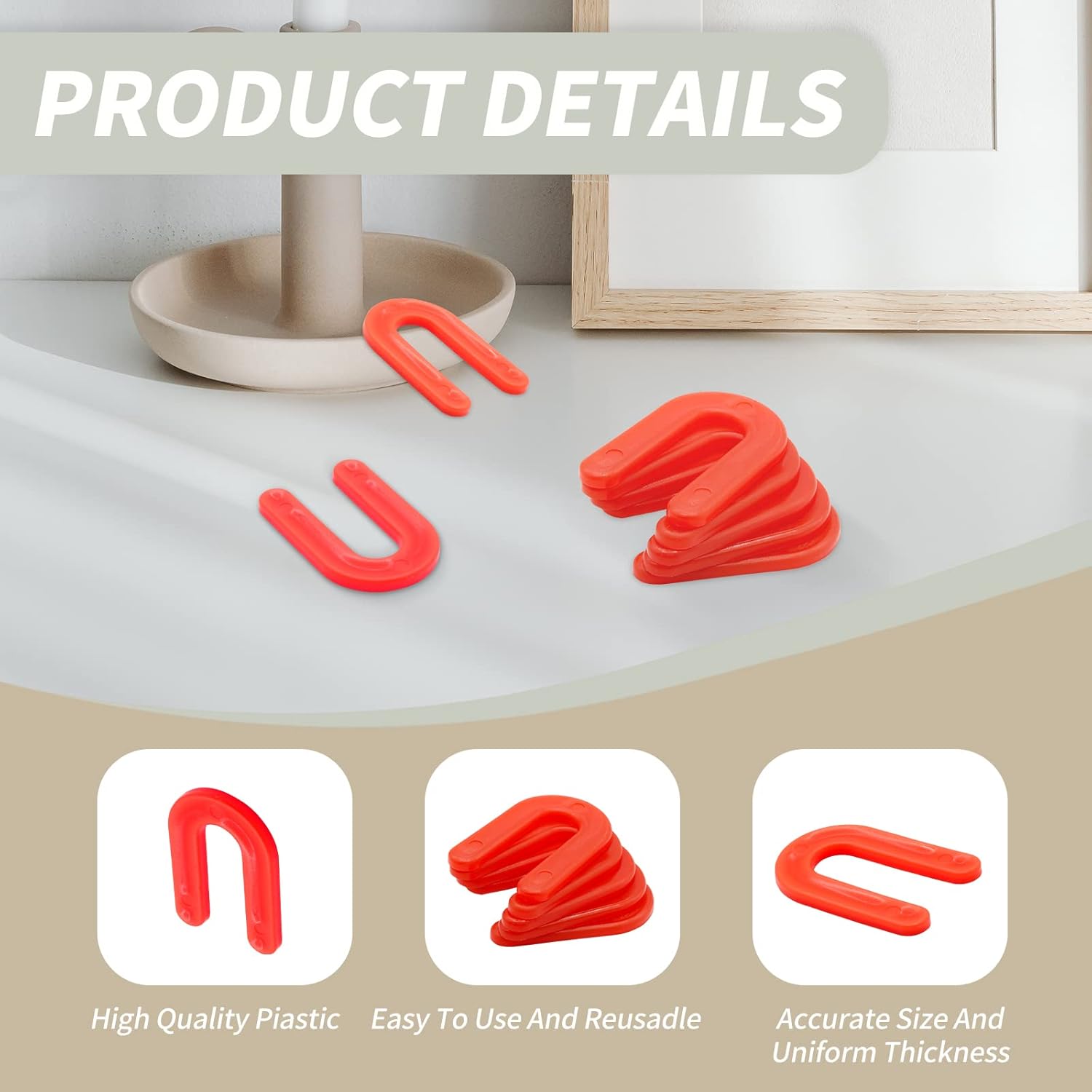 Biaungdo 50 Pcs Horseshoe Shim Tile Spacers, 1/8 Inch U Shape Tile Spacers Plastic Shims Structural Shims for Leveling, Red
