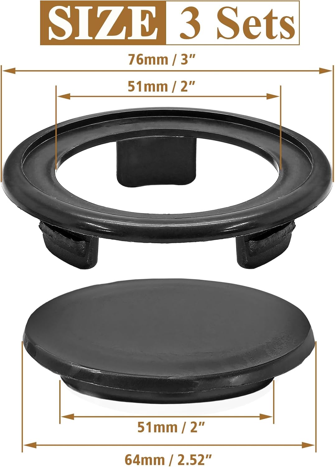 Biaungdo 3 Sets 3 Inch Outdoor Patio Table Umbrella Hole Ring and Cap Set, Standard Size Garden Beach Tablet Thicker Hole Ring Plug and Cap Set Black, Inner Diameter 50mm/2inch
