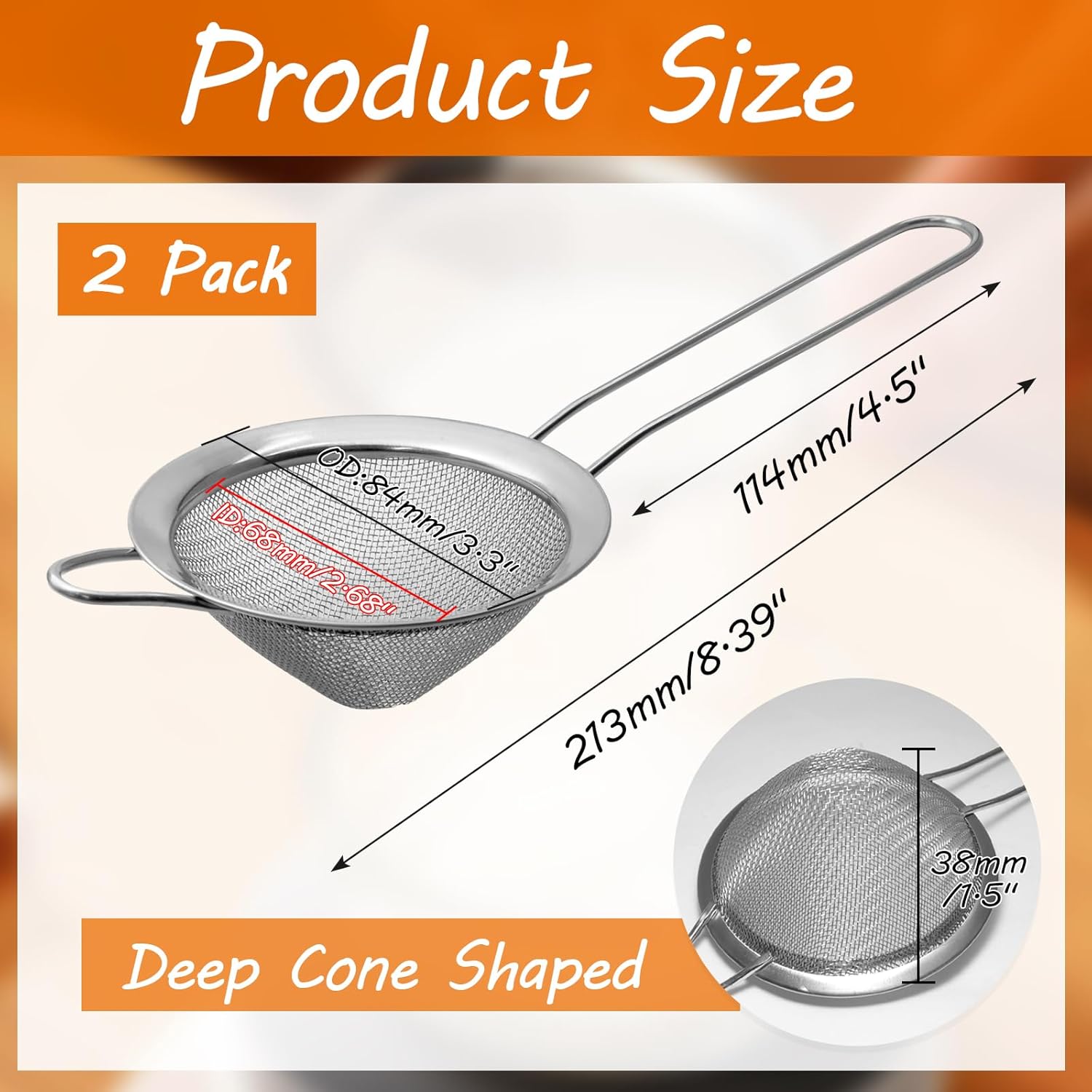 Biaungdo 2 Pcs 8.5 cm/3.3 Inch Fine Mesh Strainer, Stainless Steel Tea Strainer Conical Mesh Strainers Sieve for Cocktail, Coffee, Food, Noodles, Tea Filter Small