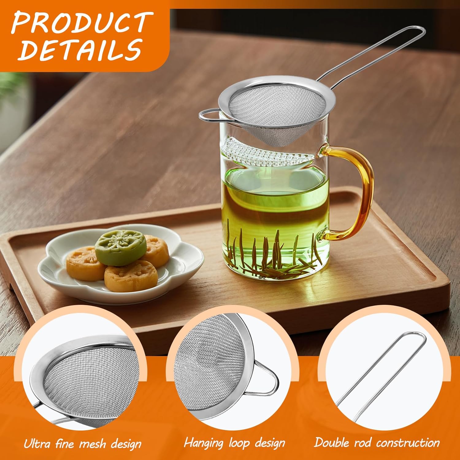 Biaungdo 2 Pcs 8.5 cm/3.3 Inch Fine Mesh Strainer, Stainless Steel Tea Strainer Conical Mesh Strainers Sieve for Cocktail, Coffee, Food, Noodles, Tea Filter Small