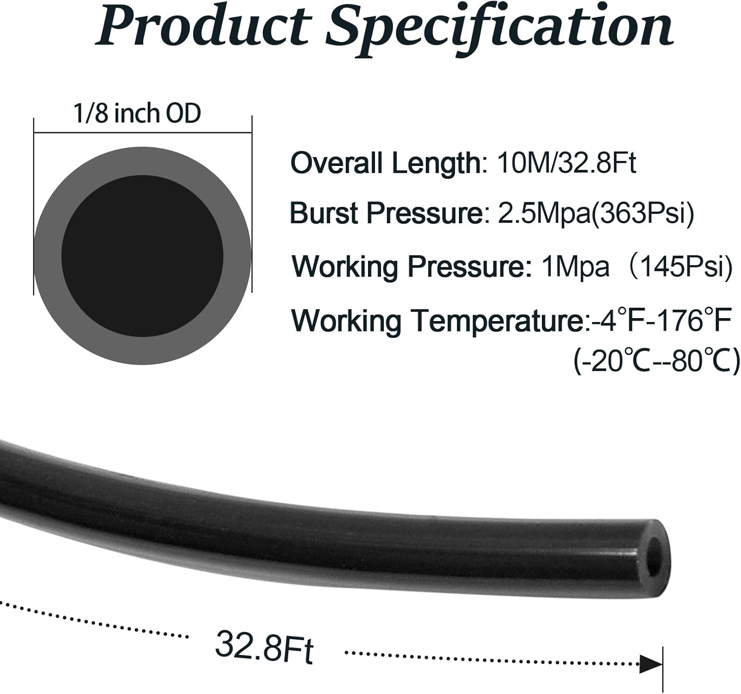 Biaungdo 1/8" OD Pneumatic Tubing Pipe, Black PU Air Brake Hose Line for Air Compressor Fitting, Water Fluid Transfer 10 Meter/32.8ft