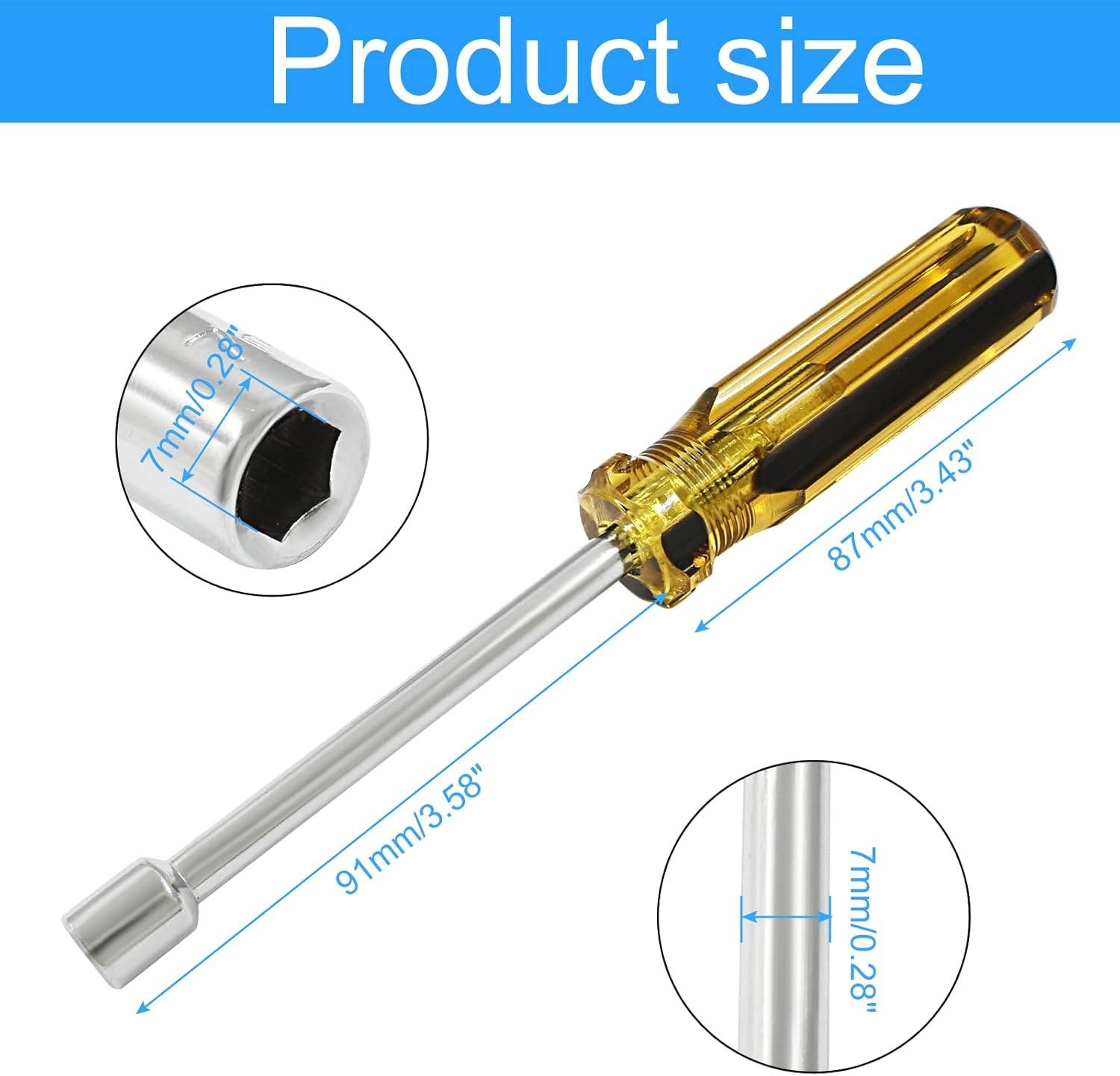 Biaungdo 7mm Socket Wrench Screwdriver, Hex Socket Wrench High-Carbon Steel Hexagon Nut Driver Non-Magnetic Tip Hex Nut Screwdriver Hand Tool for Repairs Plastic Handle