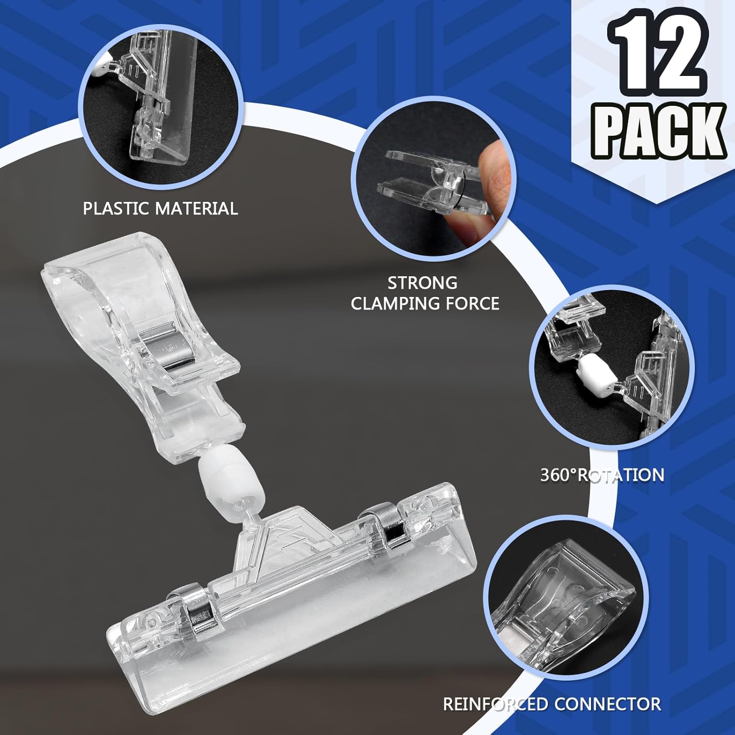 Biaungdo 12 Pcs Rotating Clip Swivel Sign Rotatable Holding Clamp, Clear Rotating Sign Clip Price Display Holder Clips for Shelves, Store, Business, Exhibition, Supermarkets