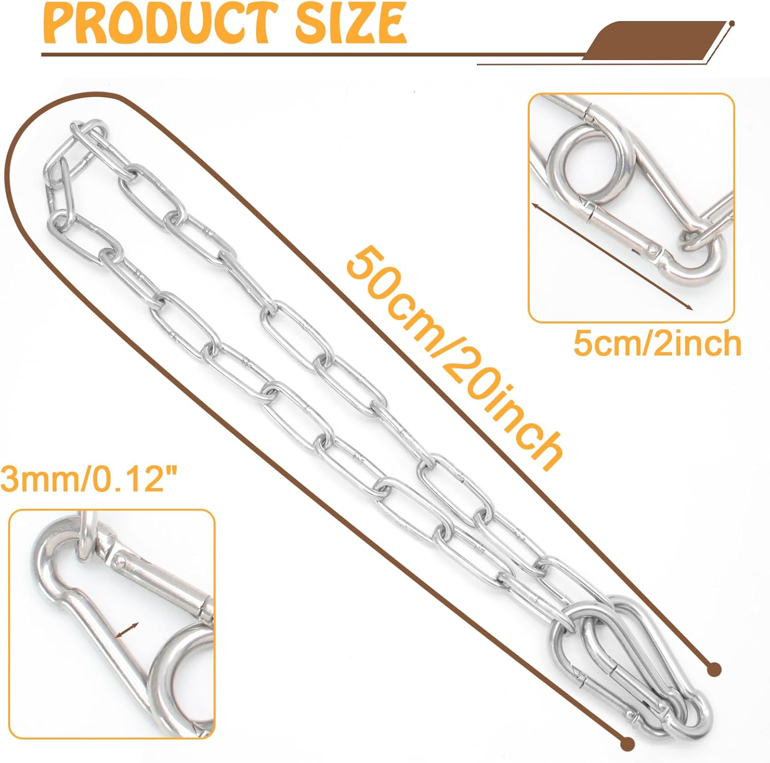 Biaungdo 20 Inch Gate Chain Lock, Chain Link Lock Fence Gate Latch with Carabiner, Stainless Steel Chain Link Gate Lock for Outdoor Fence, Livestock Gate, Yard