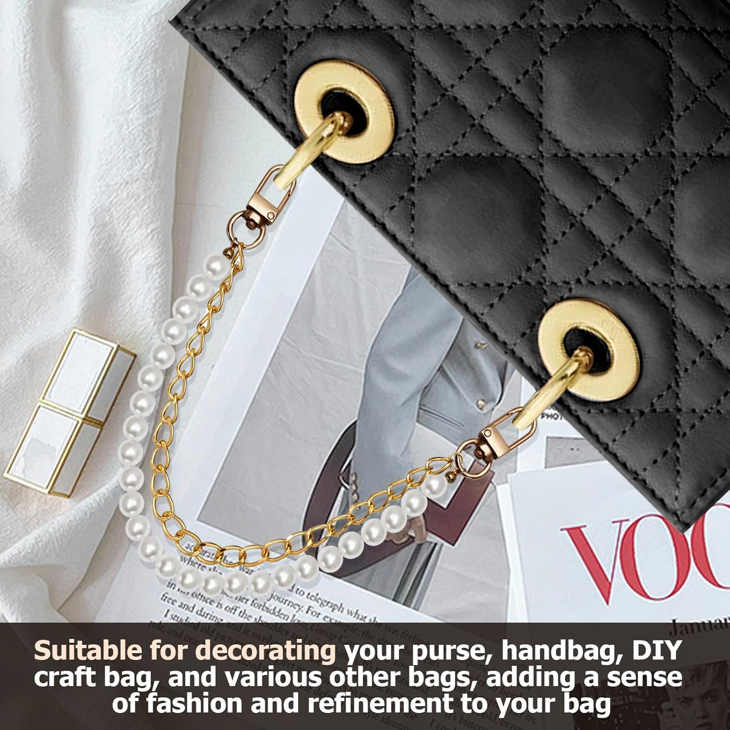 Biaungdo Pearl Purse Chain, Luxury Gold Handbag Straps Replacement, Pearl Bag Charm Chain Strap Short Purse Handles Clutches Handles for DIY Crafts Bags