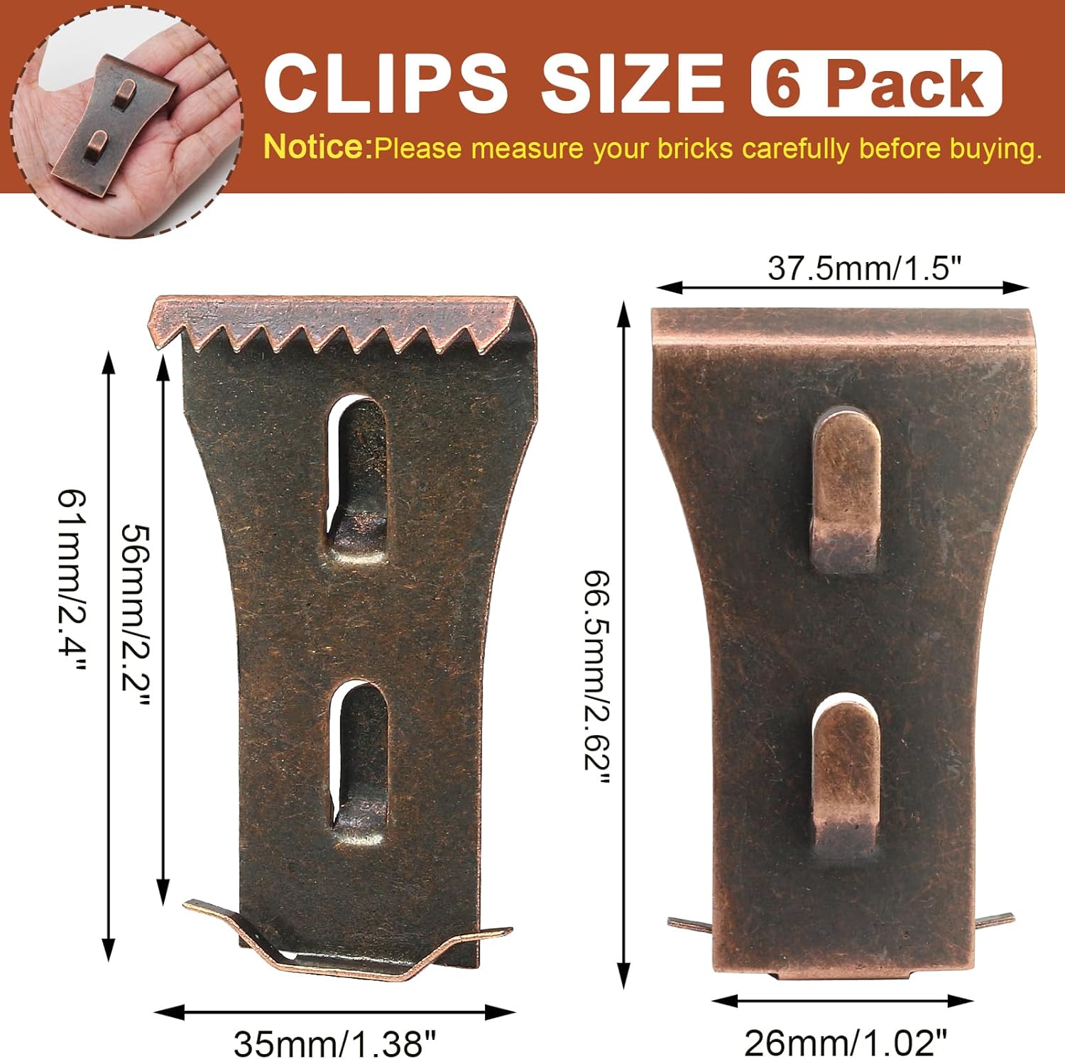 Biaungdo 6 Pcs Brick Wall Clips, Steel Brick Hook Clips, Heavy Duty Brick Hanger for Hanging Outdoors, Metal Brick Wall Hangers Outside Home Decor for 2-1/4 to 2-3/8 inches Bricks Red Bronze